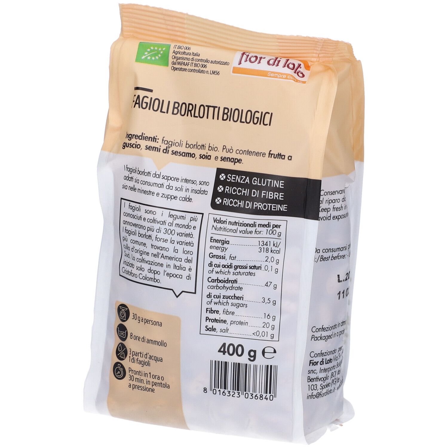 Retro della confezione Fior di Loto Fagioli Borlotti BIO. Valori nutrizionali. 400g. Certificazione bio.