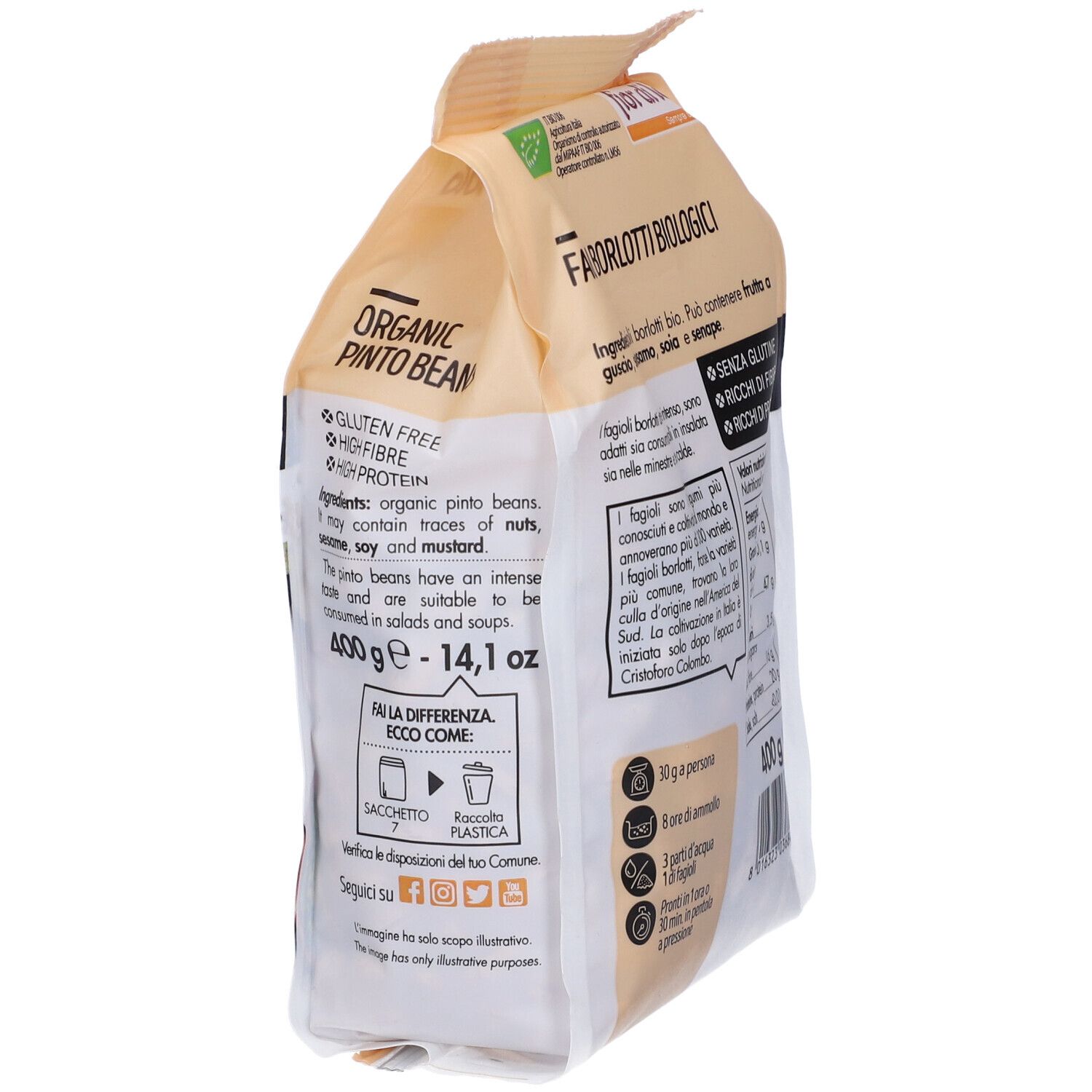 Confezione Fior di Loto Fagioli Borlotti BIO. Retro. Senza glutine, ricco di proteine. 400g.