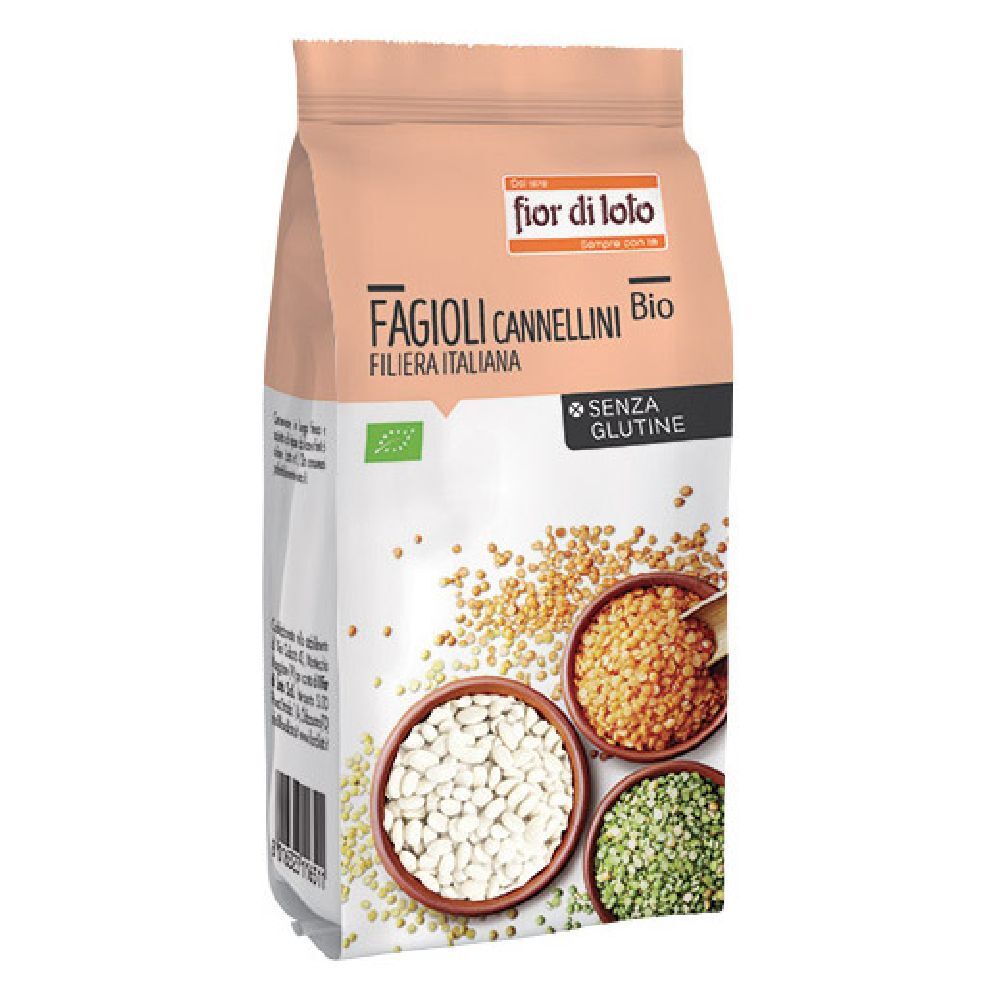 Confezione di Fagioli Cannellini Bio. Testo: Fagioli Cannellini Bio, Filiera Italiana, senza glutine. Tre ciotole con fagioli.