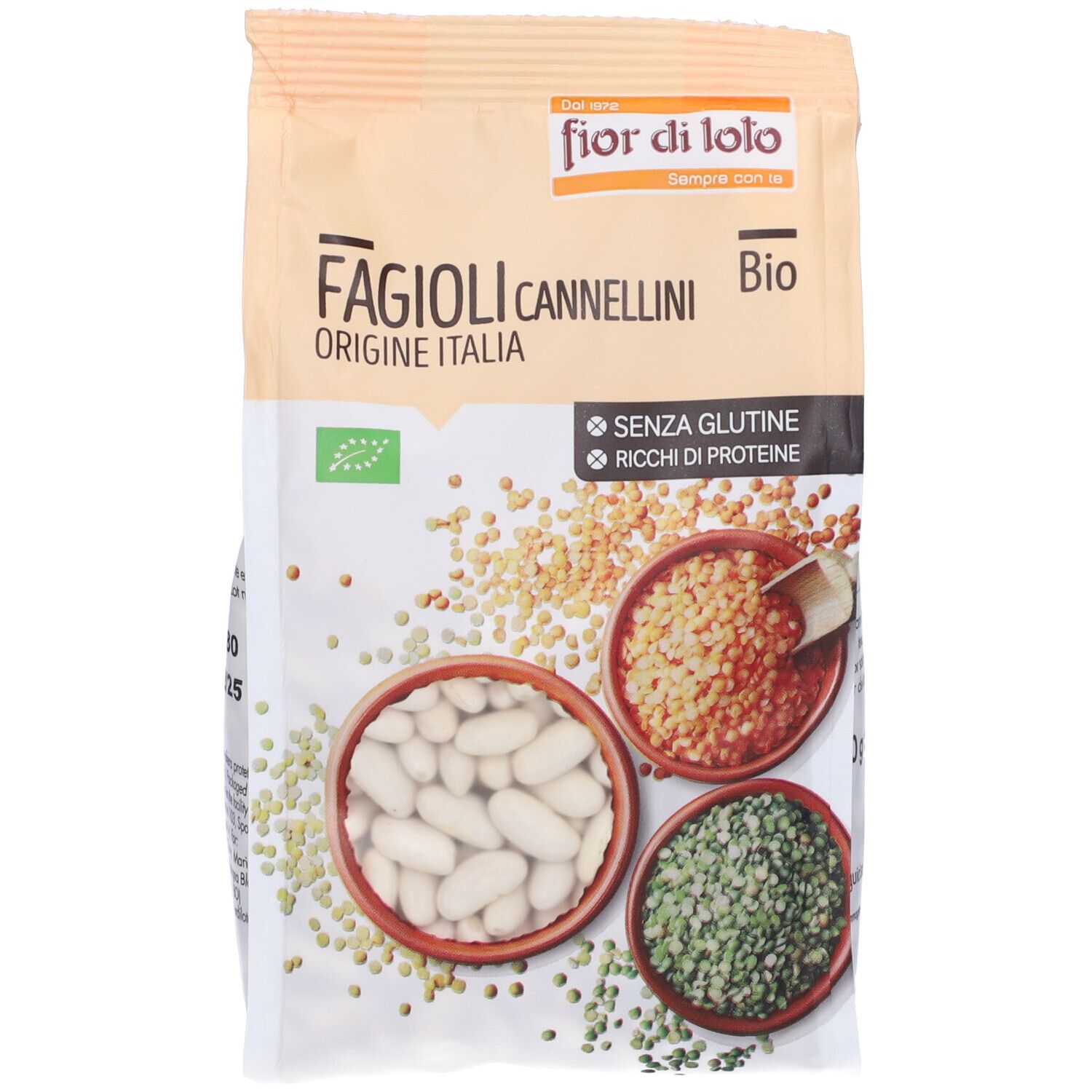 Confezione di Fagioli Cannellini Bio. Testo: Fagioli Cannellini Bio, Origine Italia, senza glutine, ricchi di proteine. Tre ciotole con fagioli.