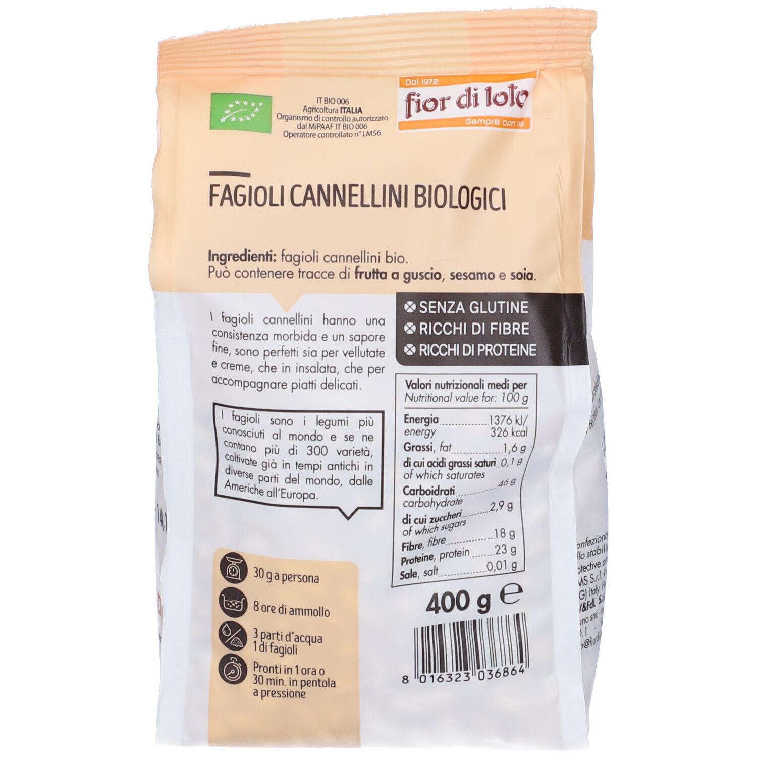 Retro della confezione di Fagioli Cannellini Bio. Testo: Fagioli Cannellini Biologici, senza glutine, ricchi di fibre, ricchi di proteine. 400g.
