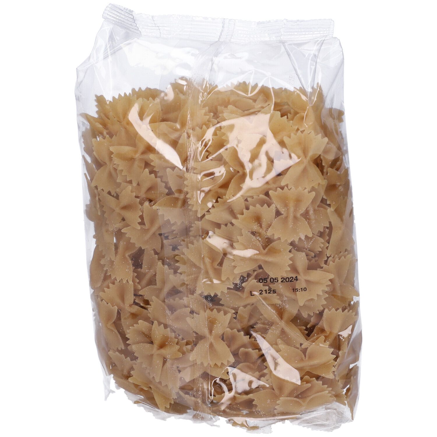 Sacchetto trasparente di pasta Farfalle senza glutine. Stampa con data di scadenza.