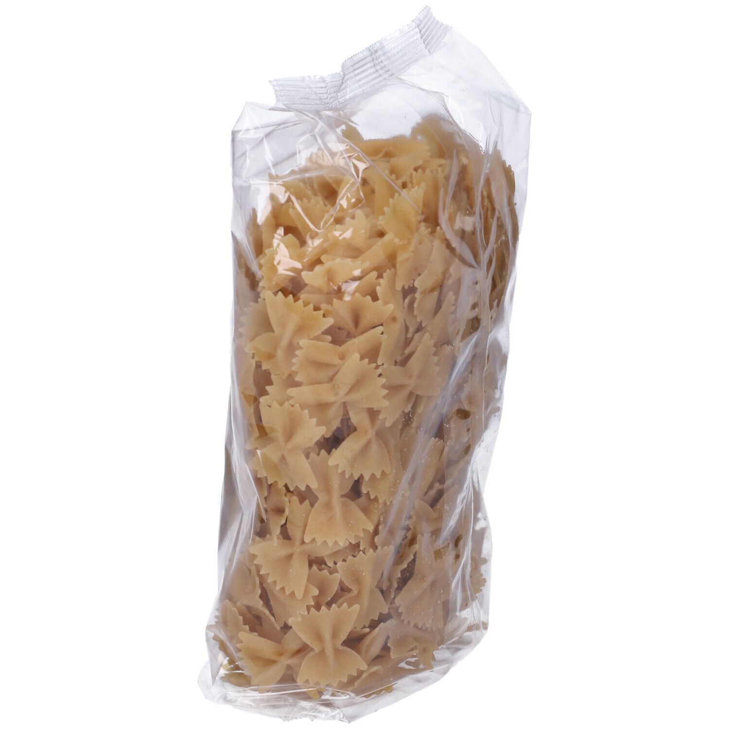 Sacchetto trasparente di pasta Farfalle senza glutine. Etichetta con informazioni.