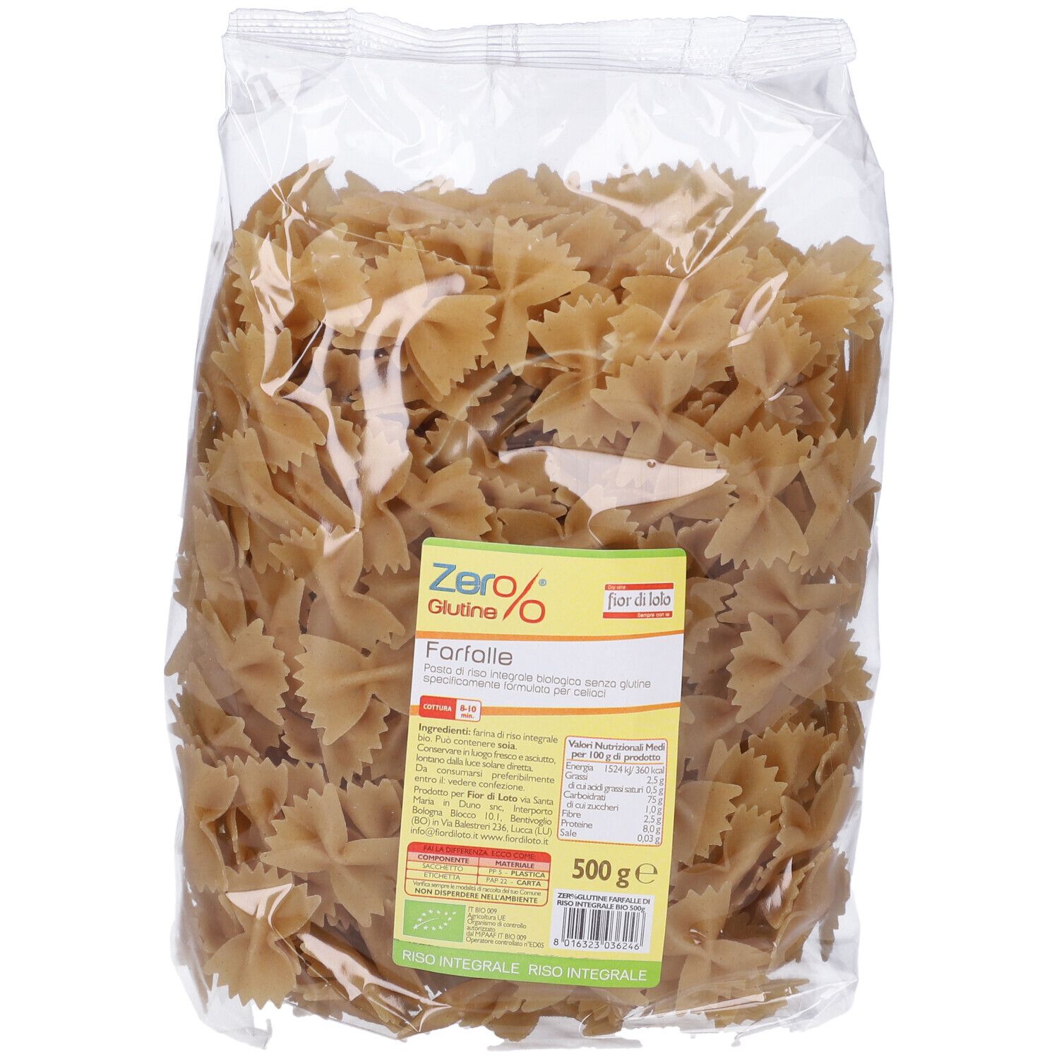 Sacchetto trasparente di pasta Farfalle senza glutine. Etichetta con informazioni e logo.