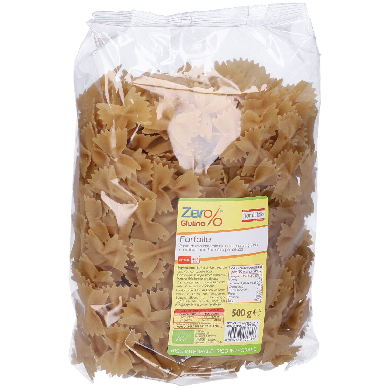Sacchetto trasparente di pasta Farfalle senza glutine. Etichetta con informazioni e logo.