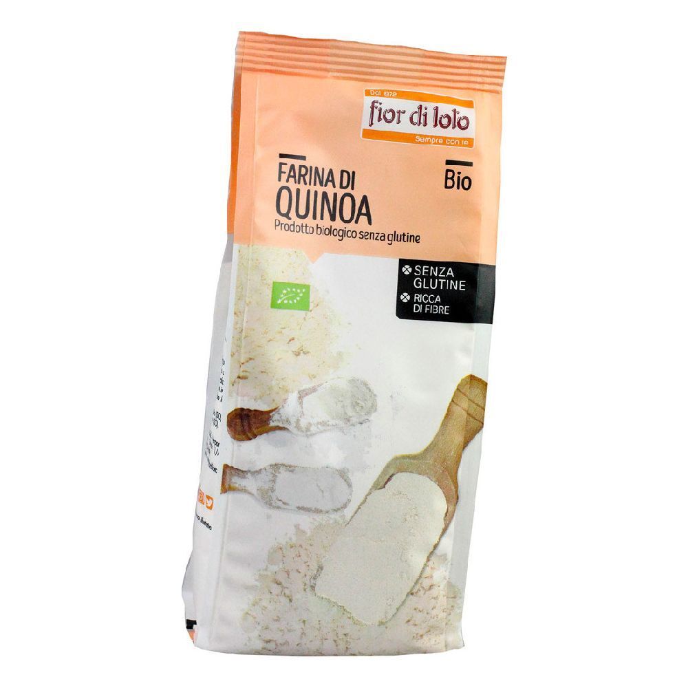 Confezione di Farina di Quinoa Bio. Scritte: Fior di Loto, Farina di Quinoa, Bio, senza glutine, ricca di fibre.