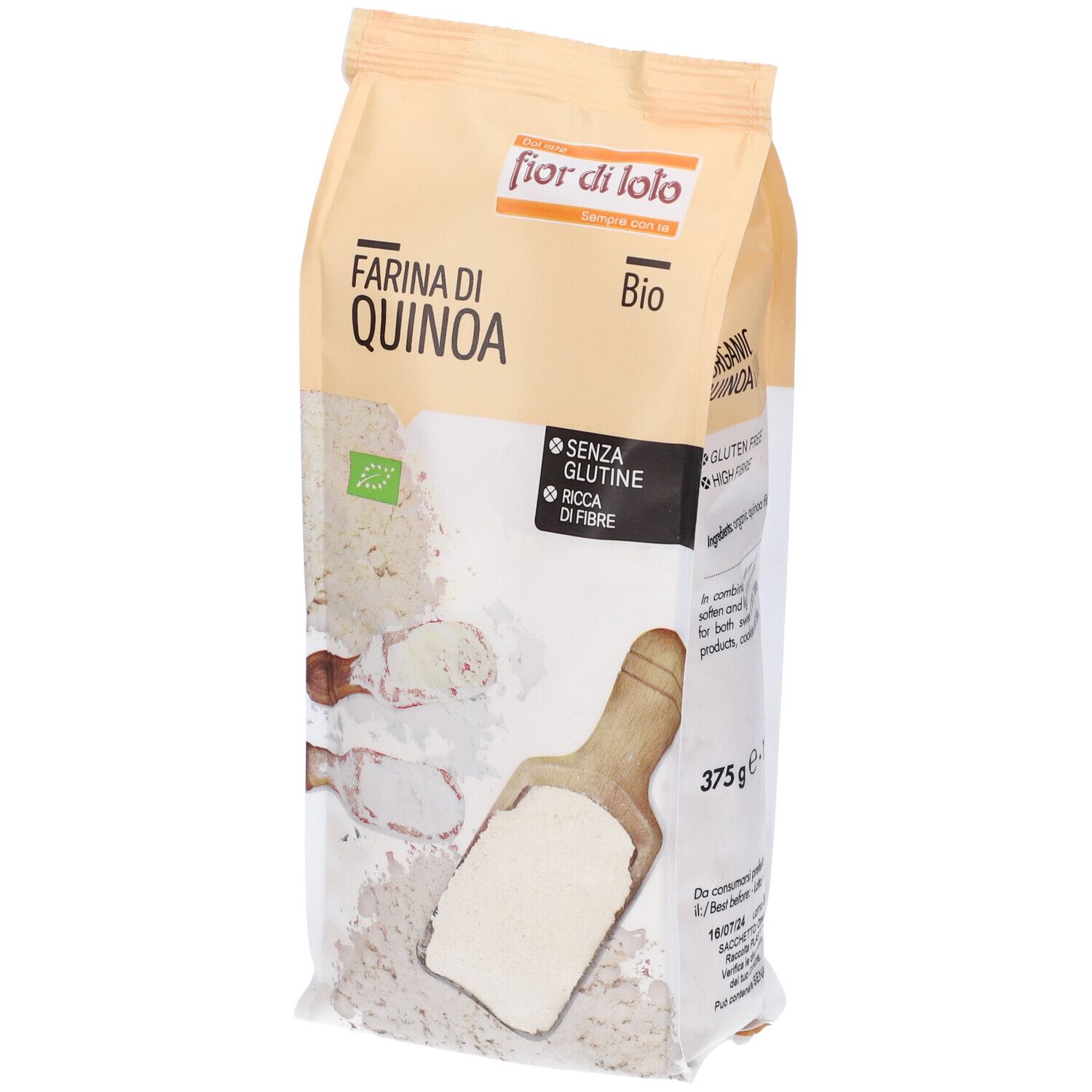 Confezione di Farina di Quinoa Bio. Scritte: Fior di Loto, Farina di Quinoa, Bio, senza glutine, ricca di fibre, 375g.