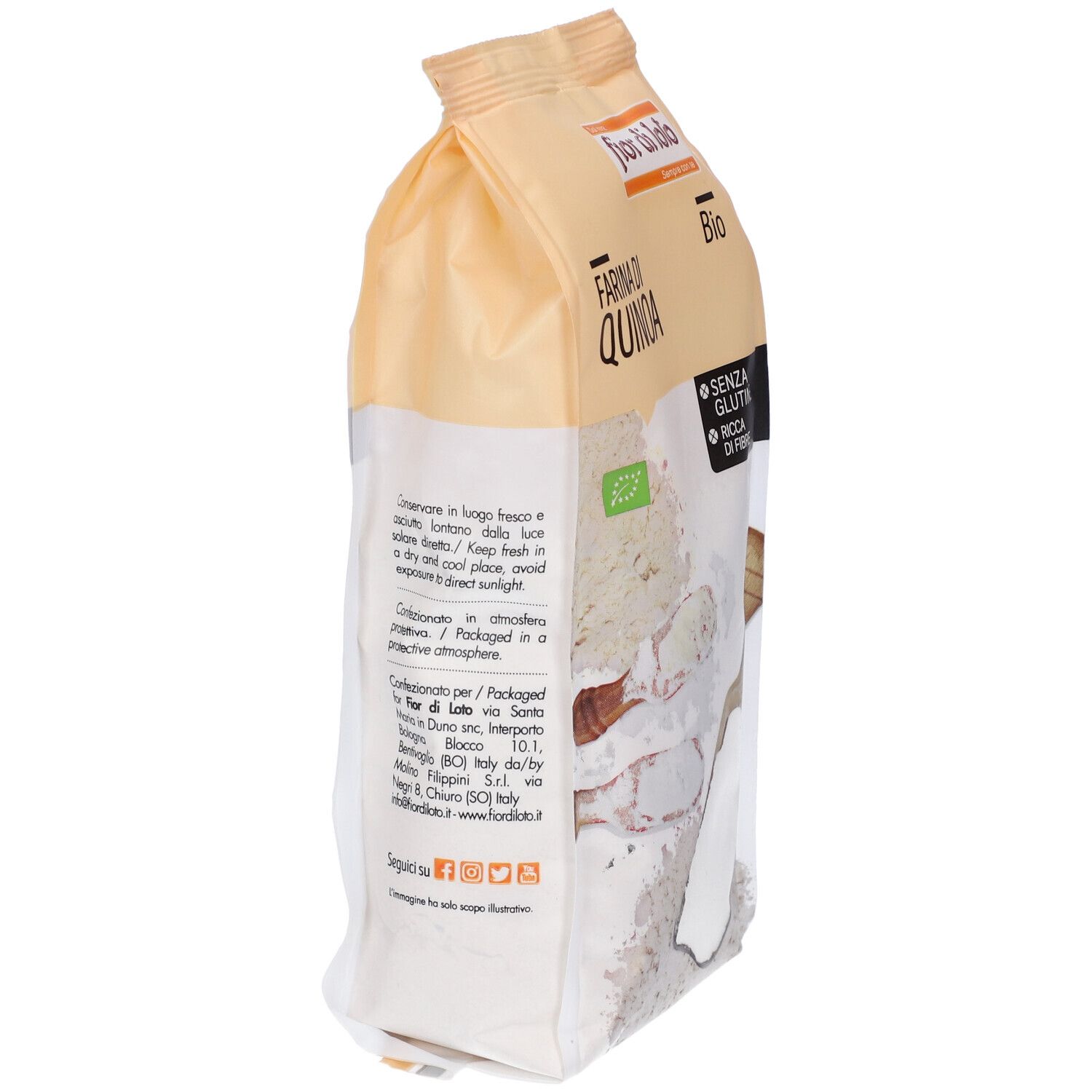 Retro confezione Farina di Quinoa Bio. Scritte: Fior di Loto, Farina di Quinoa Bio, senza glutine, ricca di fibre, 375 g.