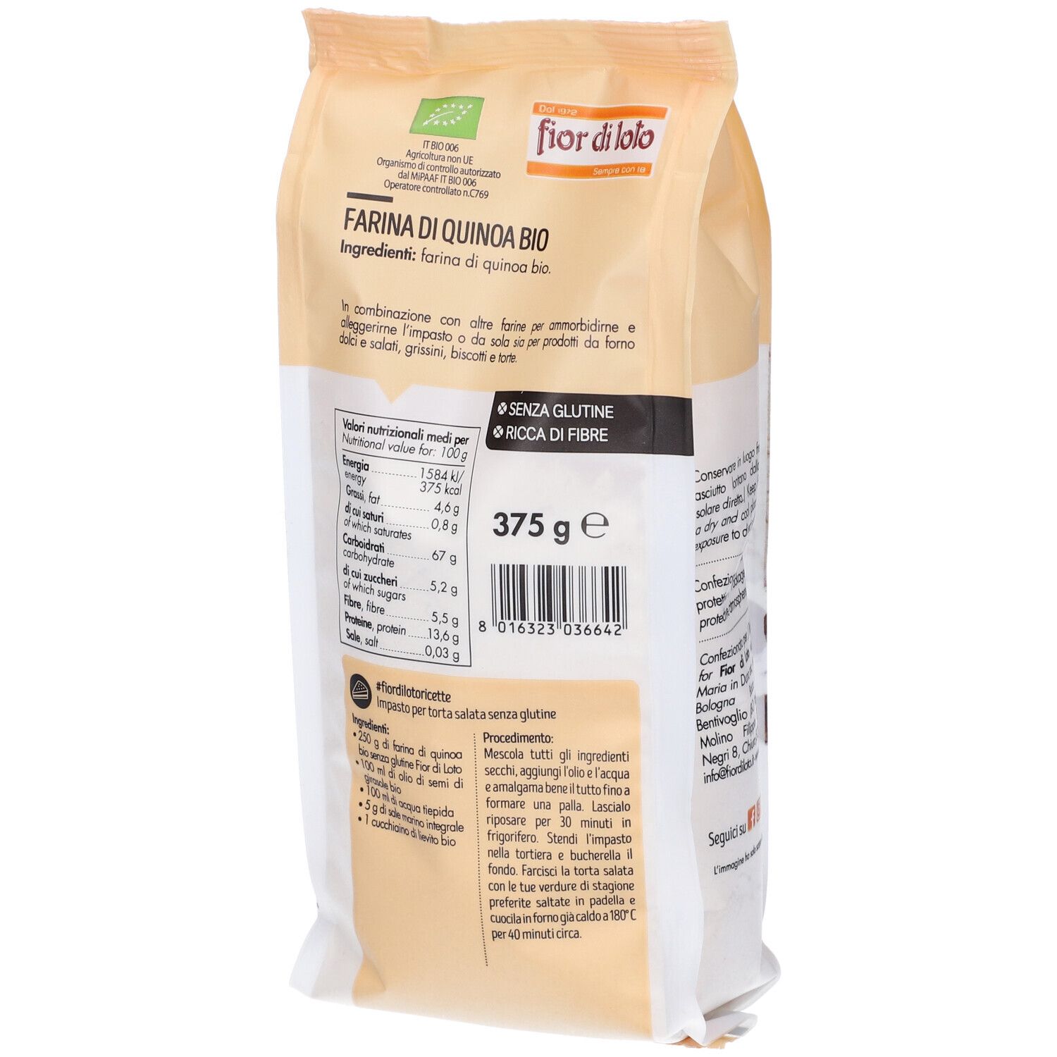 Retro confezione Farina di Quinoa Bio. Scritte: Fior di Loto, Farina di Quinoa Bio, 375 g, senza glutine, ricca di fibre.