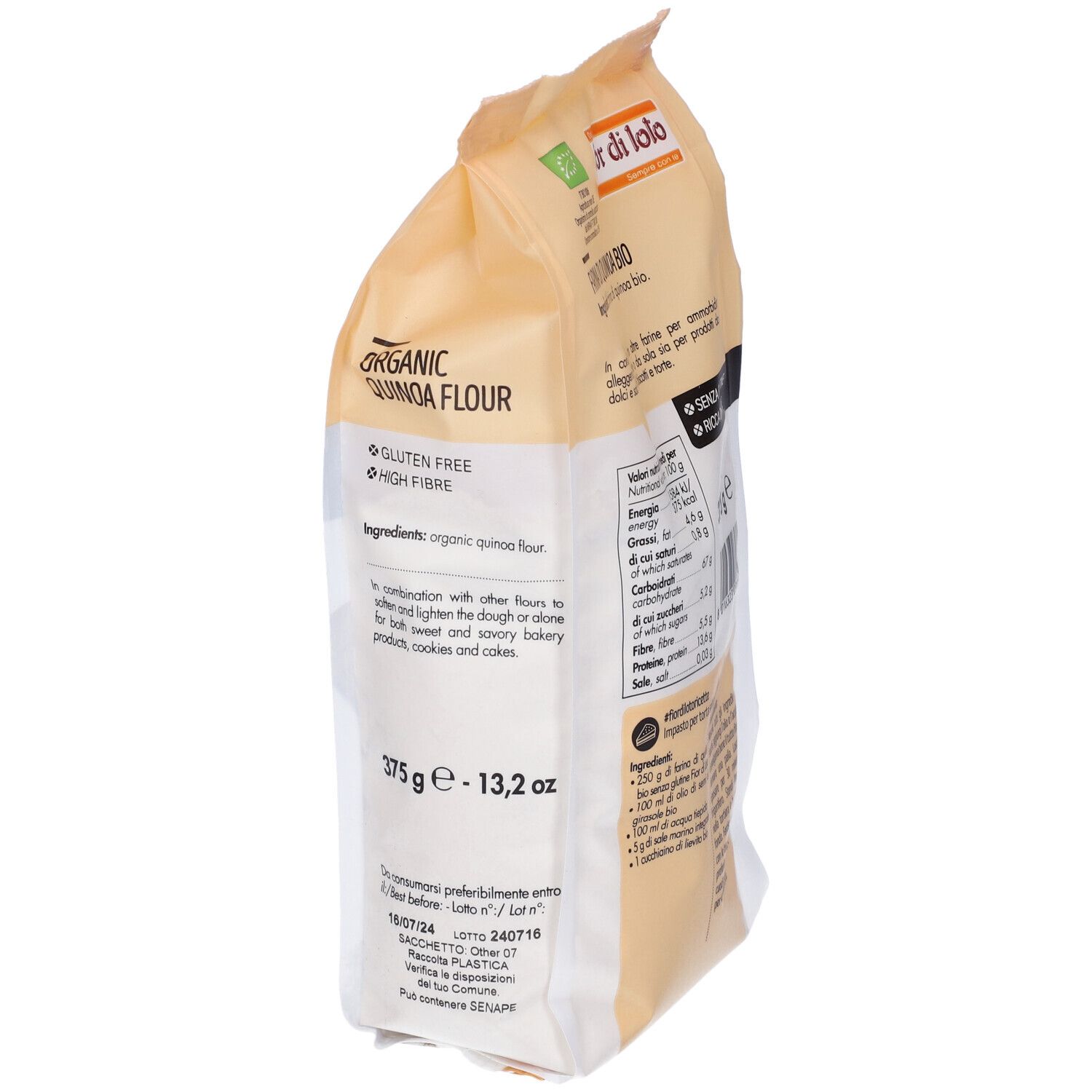 Confezione di Farina di Quinoa Bio. Scritte: Fior di Loto, Organic Quinoa Flour, senza glutine, ricca di fibre, 375g - 13,2 oz.