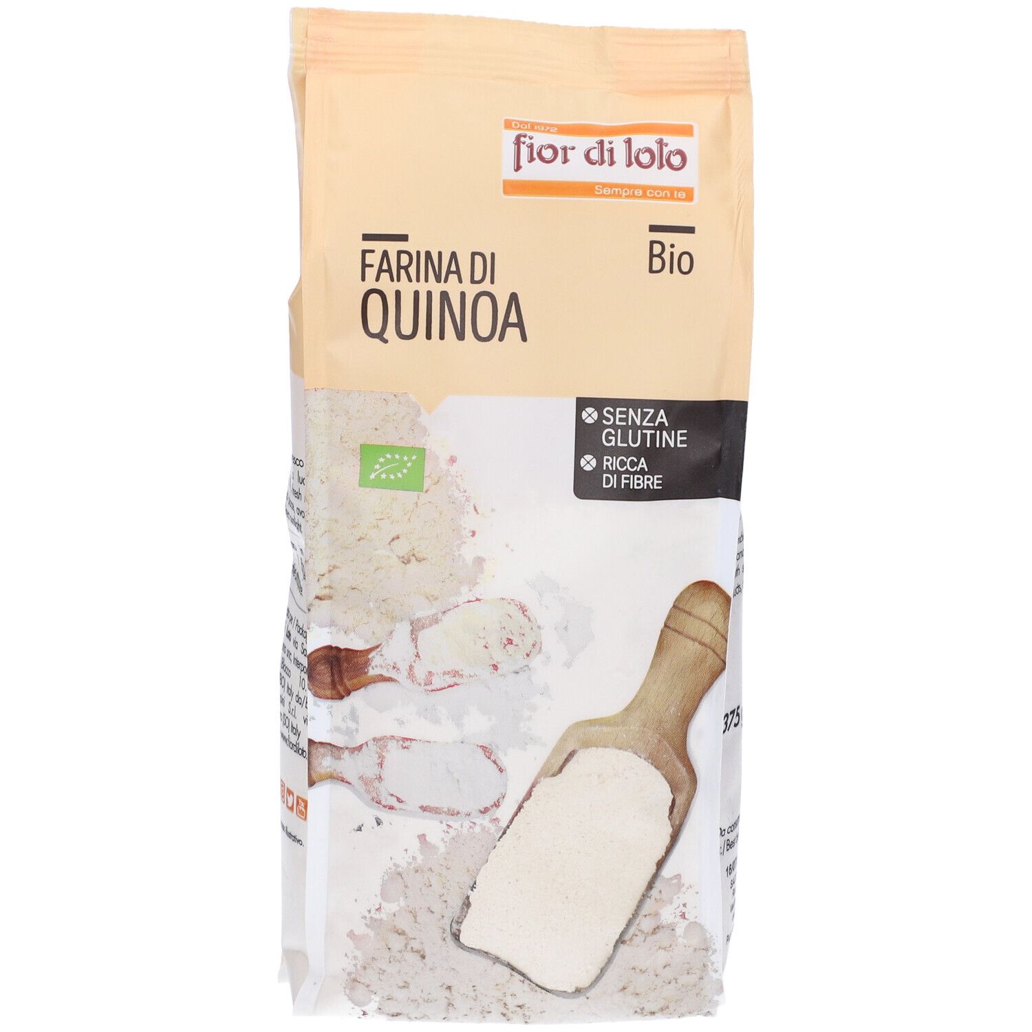 Confezione di Farina di Quinoa Bio. Scritte: Fior di Loto, Farina di Quinoa, Bio, senza glutine, ricca di fibre, 375g.