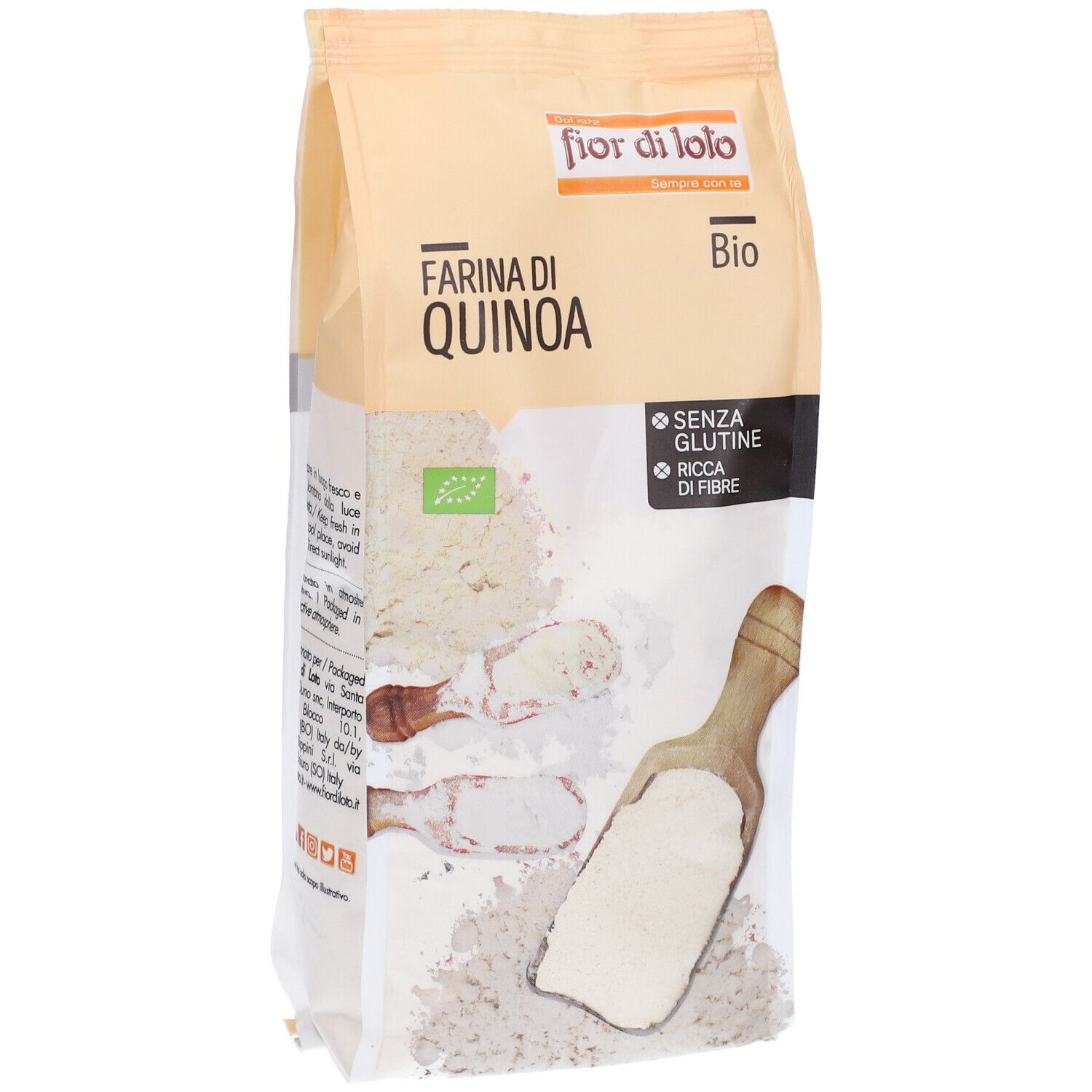 Confezione di Farina di Quinoa Bio. Scritte: Fior di Loto, Farina di Quinoa, Bio, senza glutine, ricca di fibre, 375g.