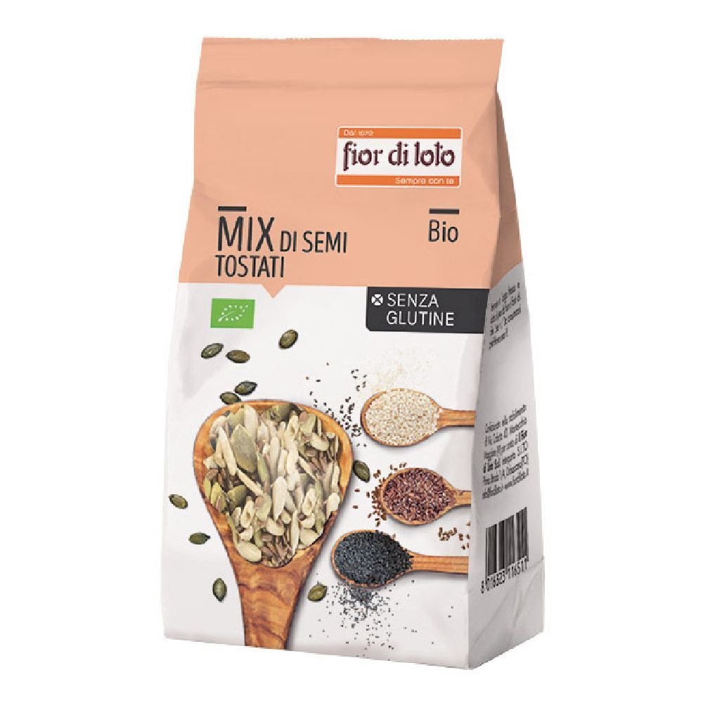 Confezione di semi tostati. Scritte: Fior di Loto, Mix di Semi Tostati, Bio, Senza Glutine. Immagine di semi.