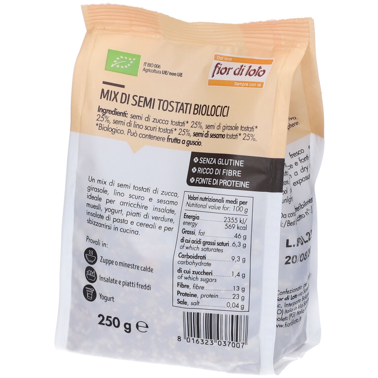 Retro della confezione di semi tostati. Scritte: Fior di Loto, Mix di Semi Tostati, Bio. Valori nutrizionali e ingredienti.