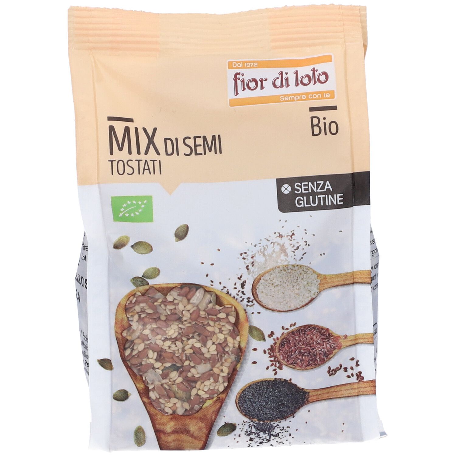 Confezione di semi tostati. Scritte: Fior di Loto, Mix di Semi Tostati, Bio, Senza Glutine. Immagine di semi.