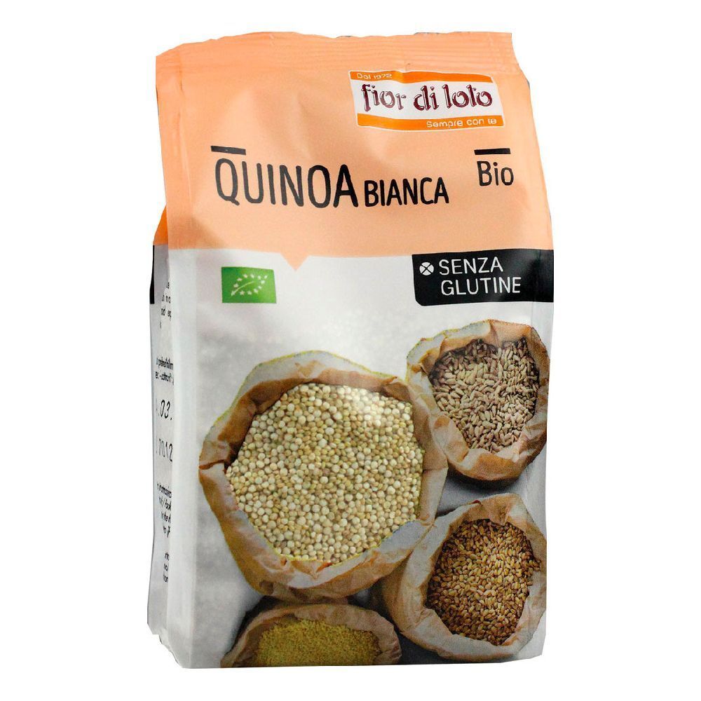 Confezione di quinoa Bianca. Scritte: Fior di Loto, Quinoa Bianca, Bio, Senza Glutine. Campioni di quinoa illustrati.