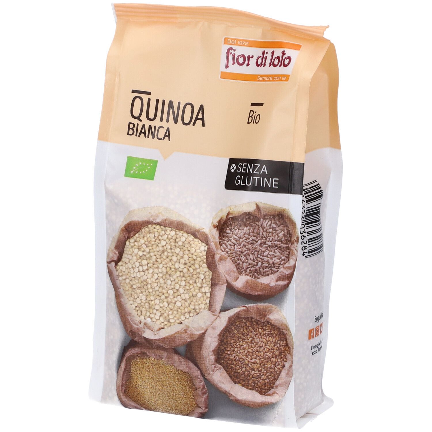 Confezione di quinoa Bianca. Scritte: Fior di Loto, Quinoa Bianca, Bio, Senza Glutine. Campioni di quinoa illustrati.
