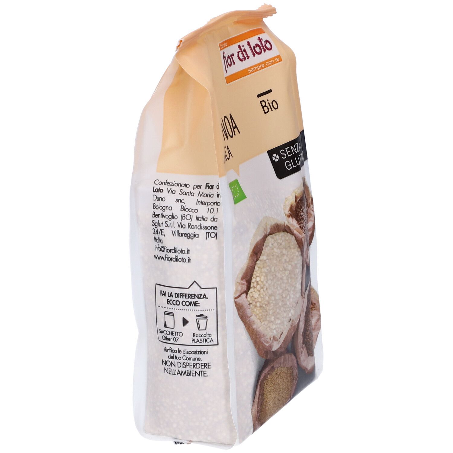 Confezione di quinoa Bianca. Scritte: Fior di Loto, Quinoa Bianca, Bio, Senza Glutine. Retro con testo e logo.