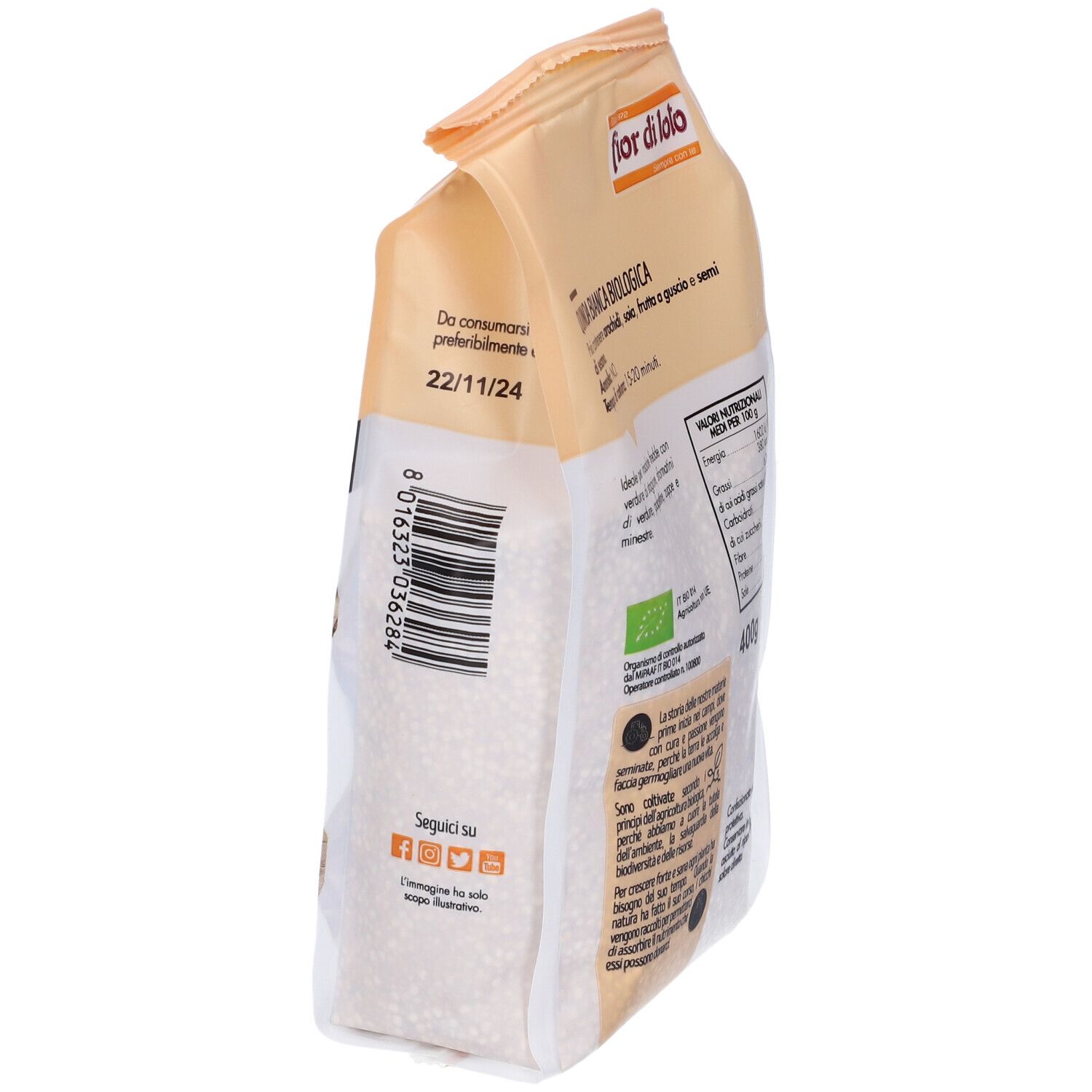 Confezione di quinoa Bianca. Scritte: Fior di Loto, Quinoa Bianca, Bio, Senza Glutine. Retro con data di scadenza.