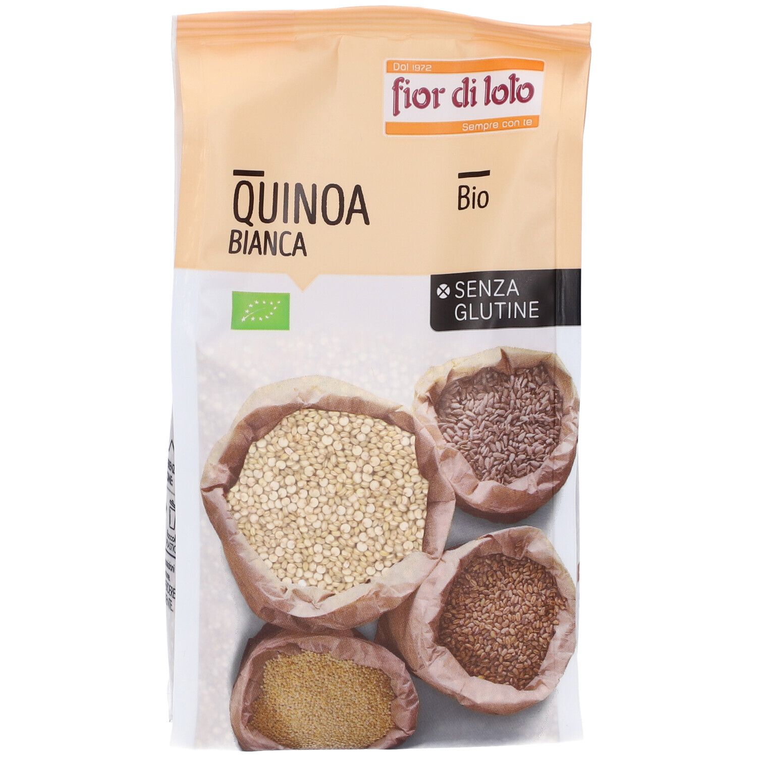 Confezione di quinoa Bianca. Scritte: Fior di Loto, Quinoa Bianca, Bio, Senza Glutine. Campioni di quinoa illustrati.