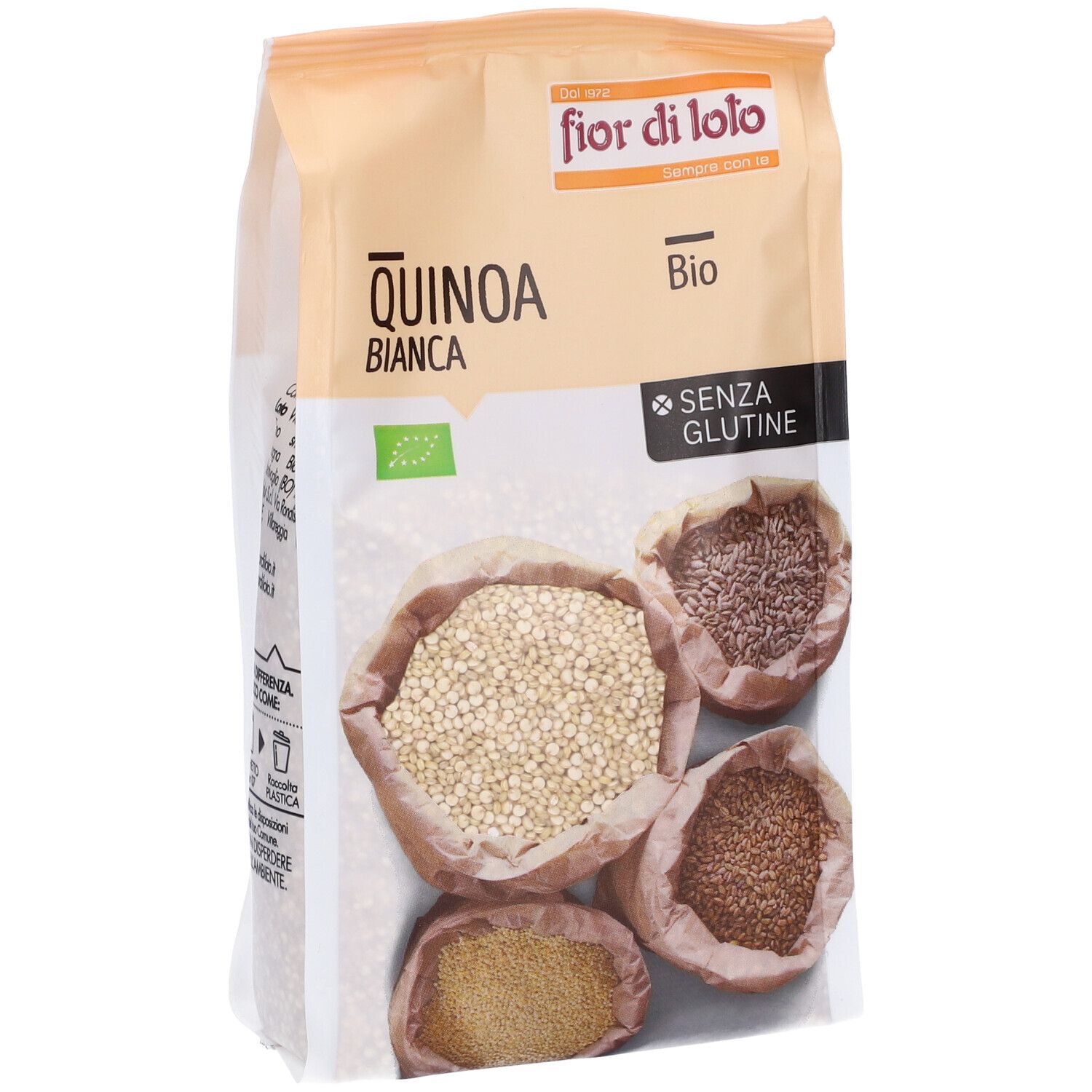Confezione di quinoa Bianca. Scritte: Fior di Loto, Quinoa Bianca, Bio, Senza Glutine. Campioni di quinoa illustrati.