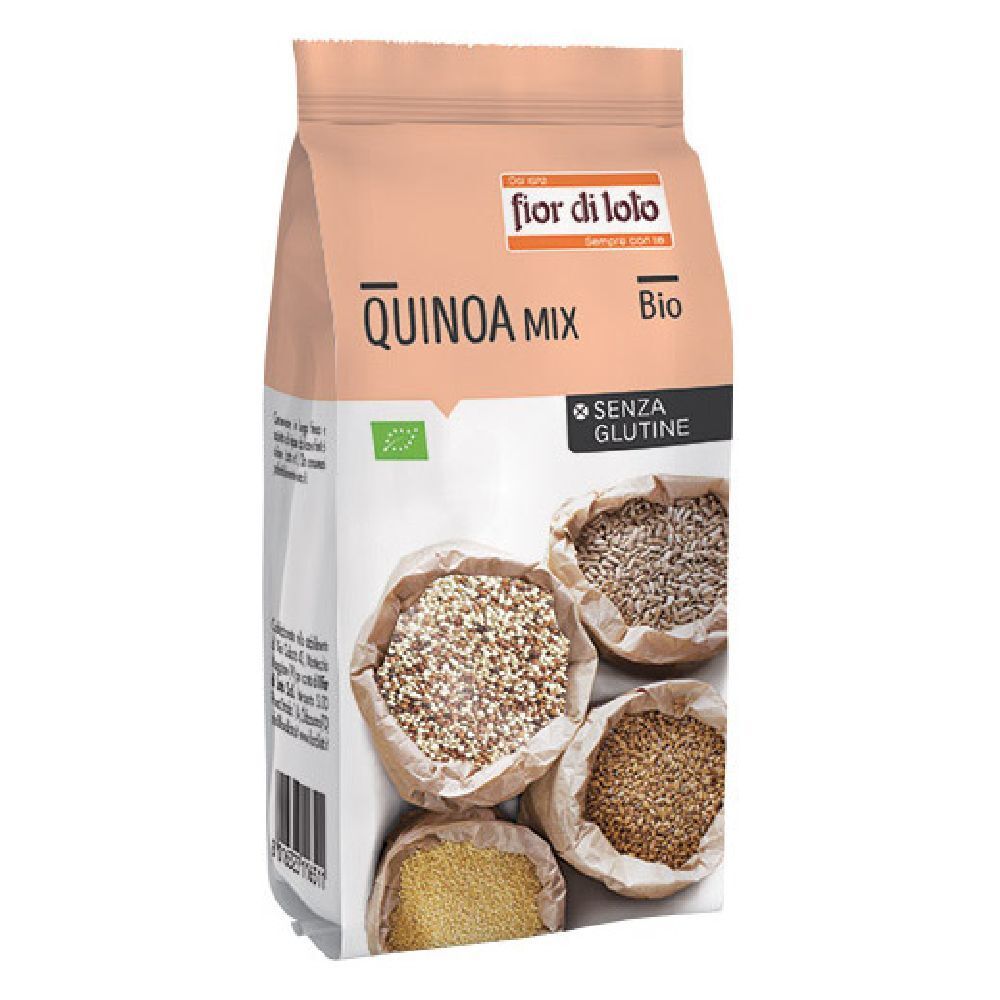 Confezione di Quinoa Mix. Scritte: fior di loto, Quinoa Mix Bio, senza glutine. Quattro sacchetti di cereali.