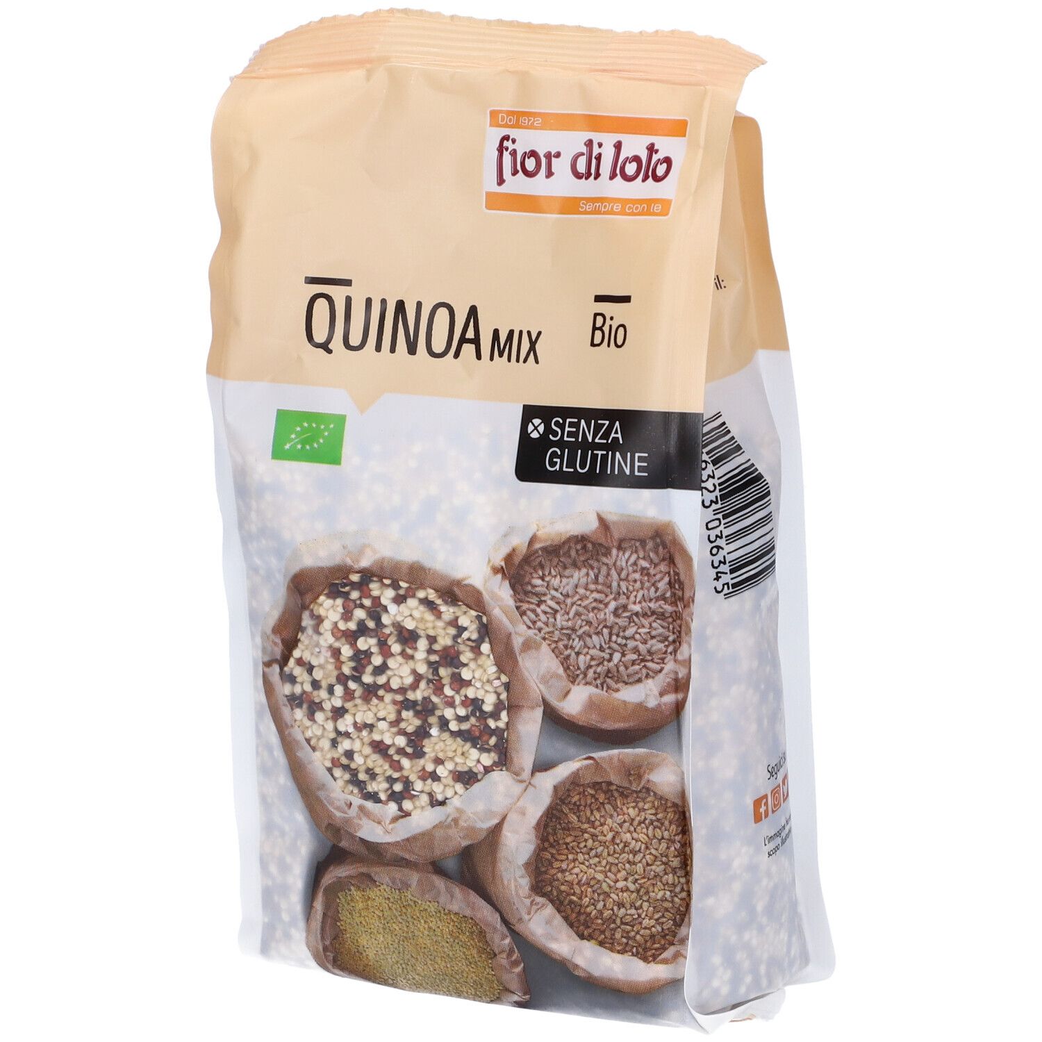 Confezione di Quinoa Mix. Scritte: fior di loto, Quinoa Mix Bio, senza glutine. Quattro sacchetti di cereali.