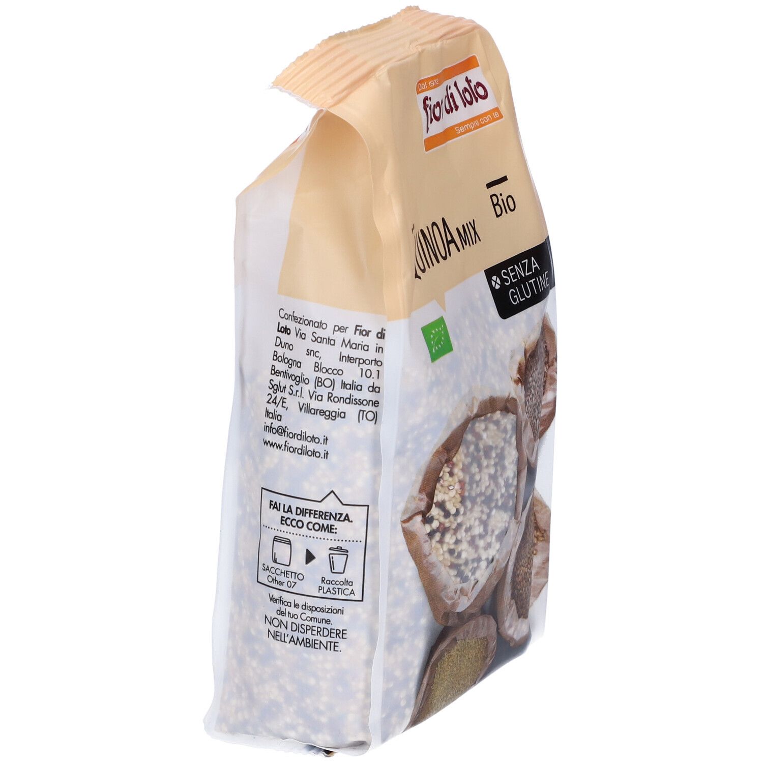 Confezione Quinoa Mix. Scritte: fior di loto, Quinoa Mix Bio, senza glutine. Retro con testo e valori nutrizionali.