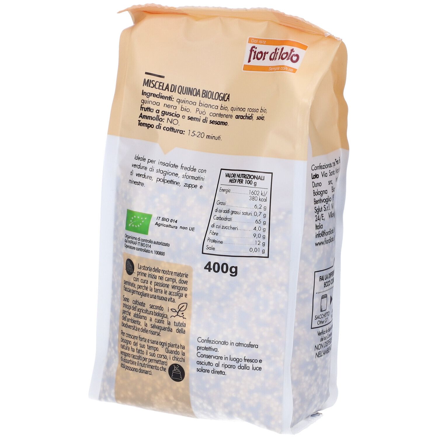 Confezione Quinoa Mix. Scritte: fior di loto, Quinoa Mix Bio, senza glutine. Retro con testo e valori nutrizionali.