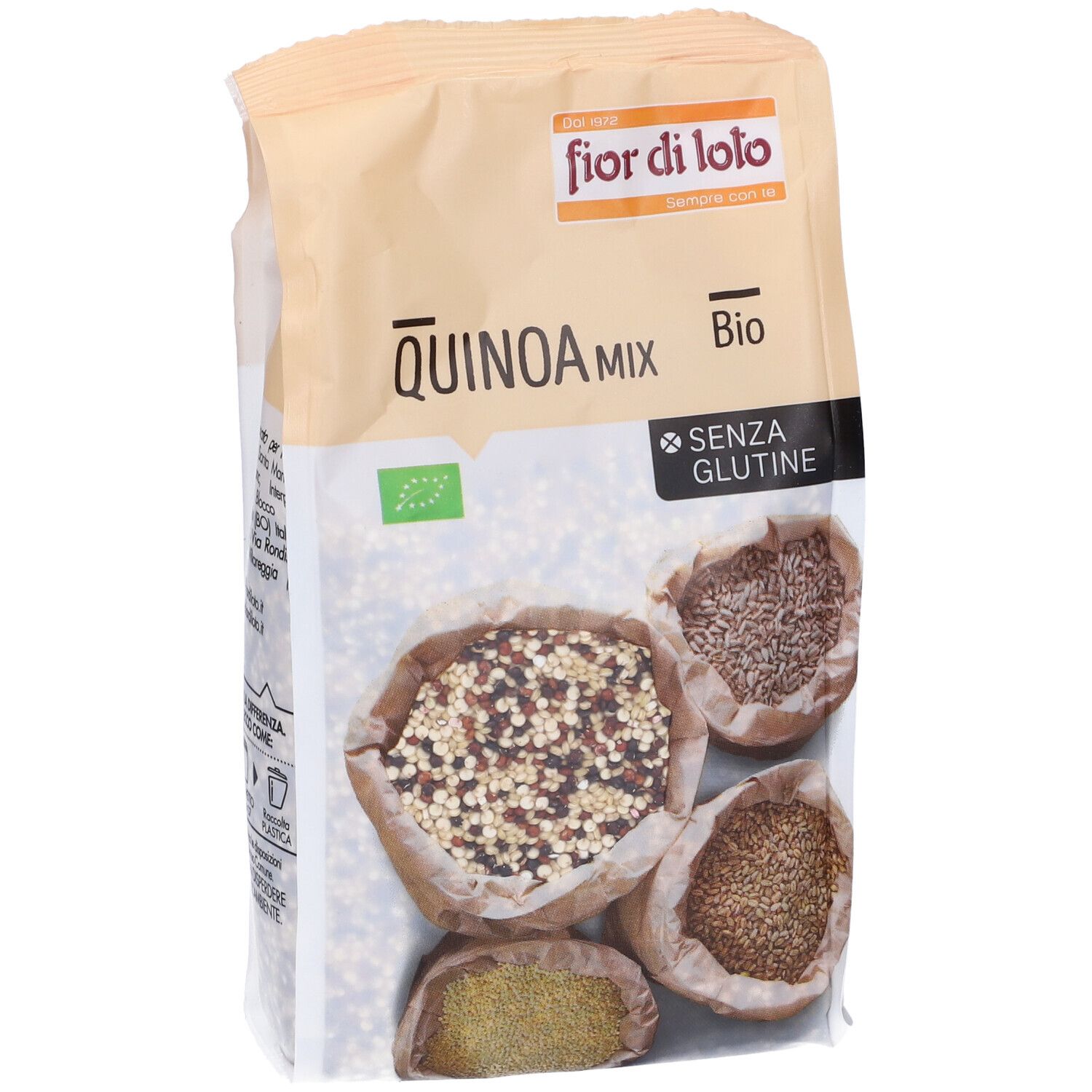 Confezione di Quinoa Mix. Scritte: fior di loto, Quinoa Mix Bio, senza glutine. Quattro sacchetti di cereali.
