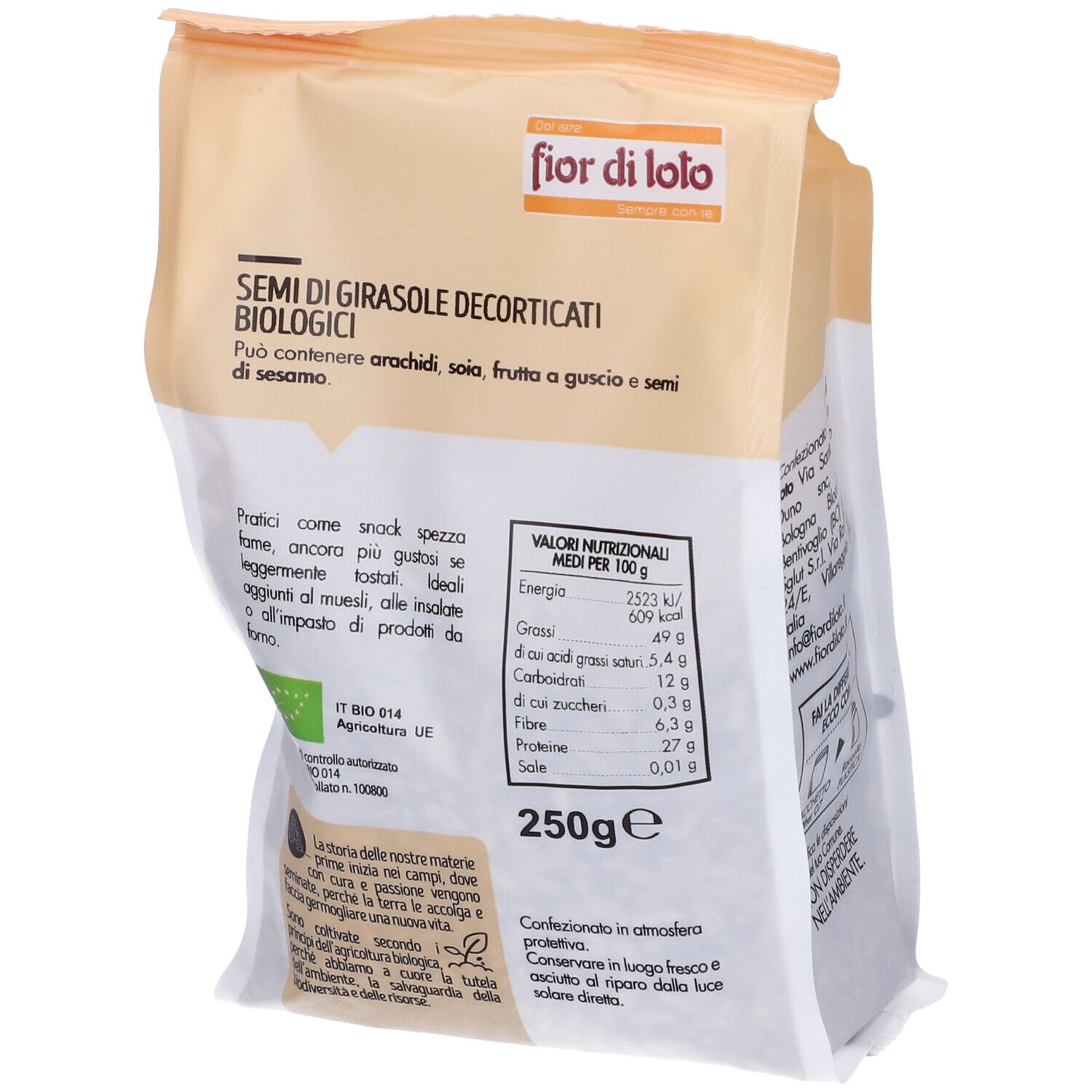 Confezione di semi di girasole. Scritte: fior di loto, Semini di Girasole, Biologici. Tabella nutrizionale e testo.