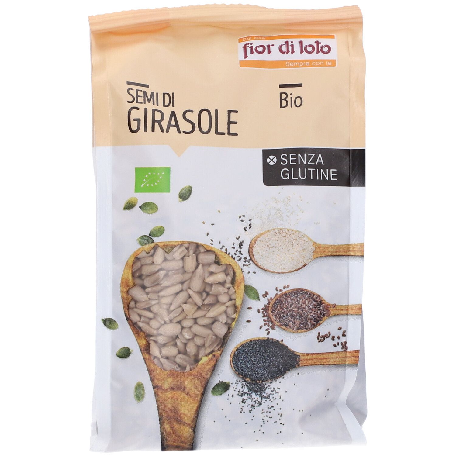 Confezione di semi di girasole. Scritte: fior di loto, Semini di Girasole, Bio, senza glutine. Cucchiaio di legno con semi.