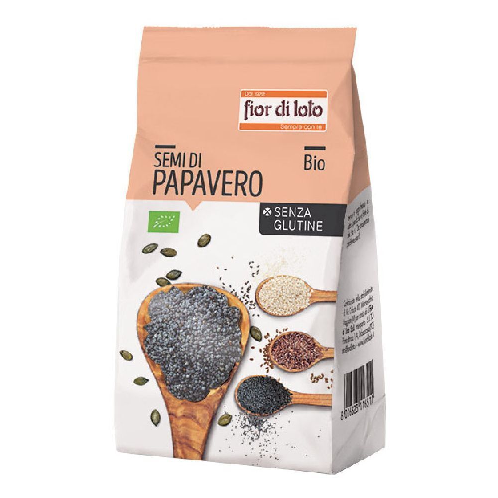 Confezione di semi di papavero. Scritte: Fior di Loto, Bio, senza glutine. Immagine di semi su cucchiai.