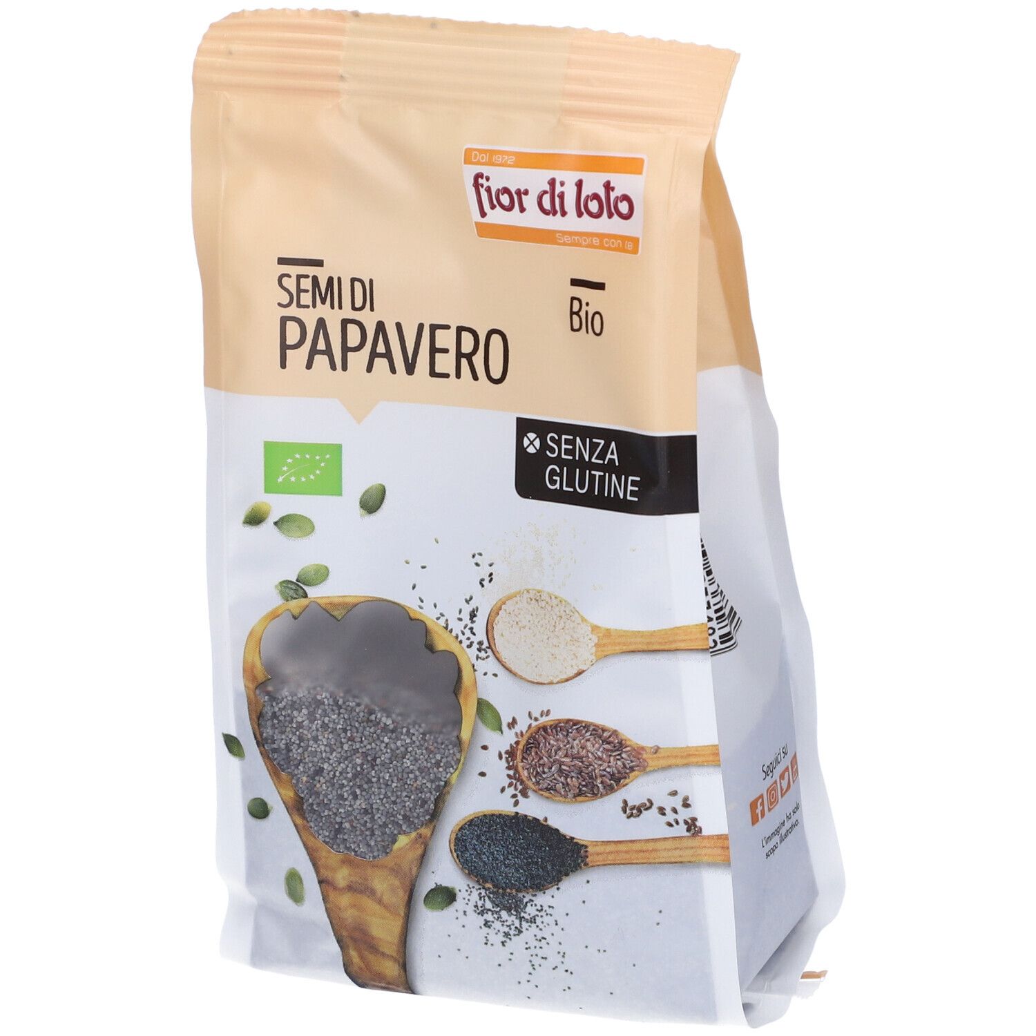 Confezione di semi di papavero. Scritte: Fior di Loto, Bio, senza glutine. Immagine di semi su cucchiai.