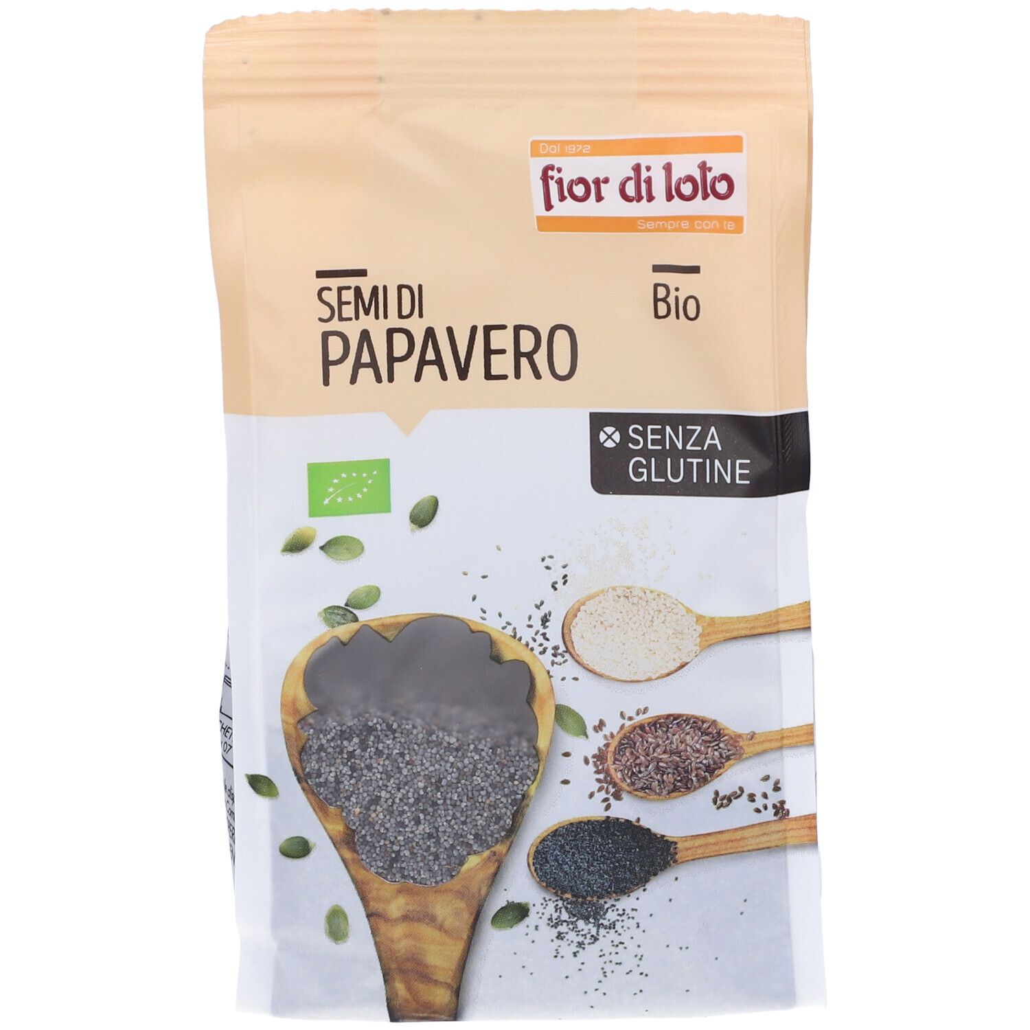Confezione di semi di papavero. Scritte: Fior di Loto, Bio, senza glutine. Immagine di semi su cucchiai.