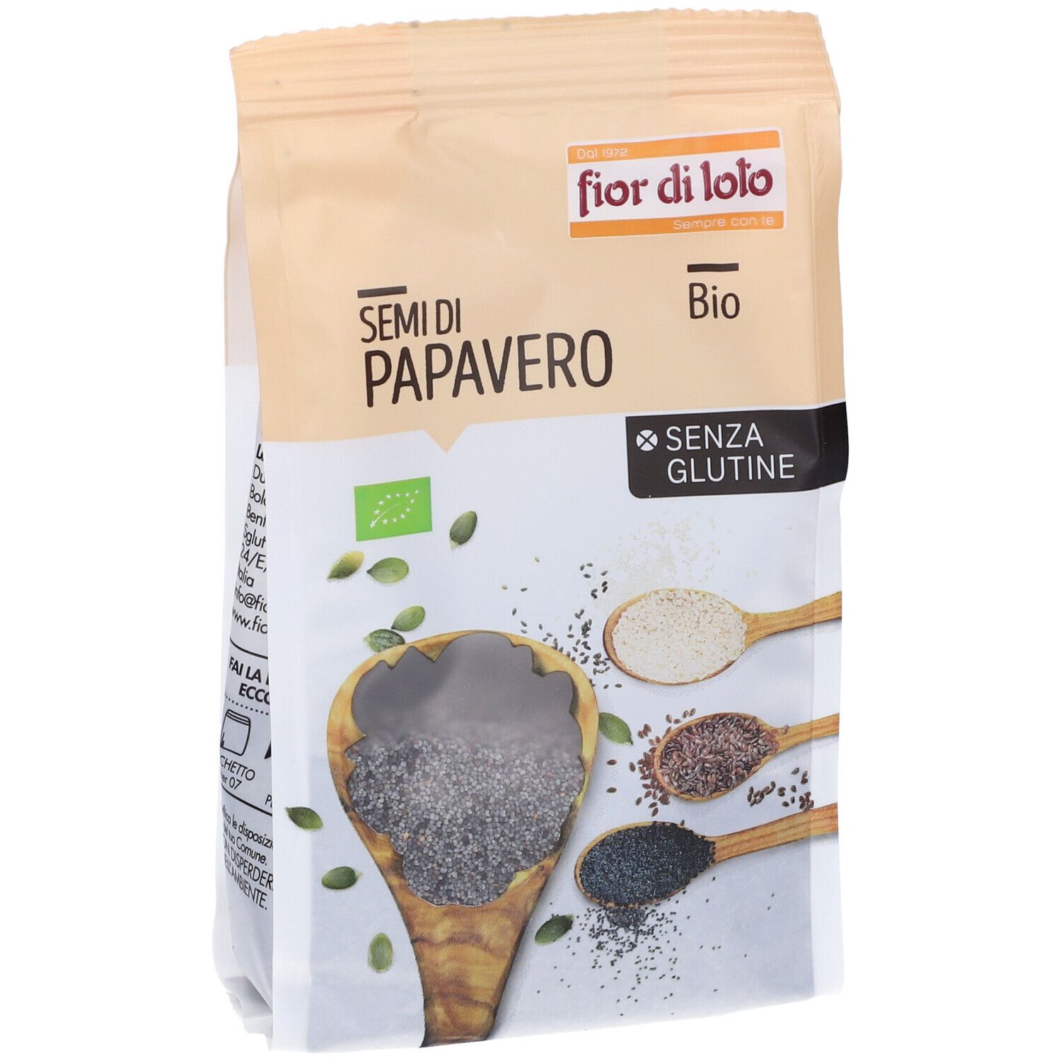 Confezione di semi di papavero. Scritte: Fior di Loto, Bio, senza glutine. Immagine di semi su cucchiai.