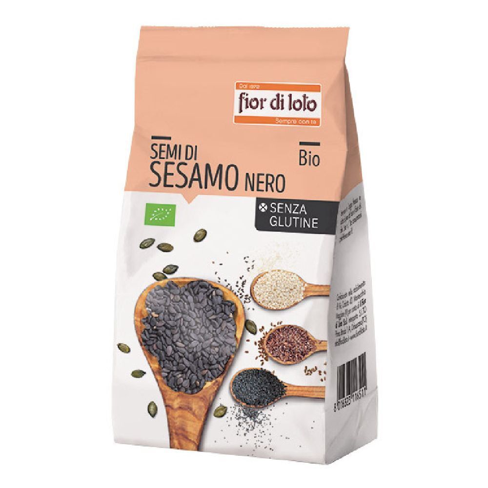 Confezione di semi di sesamo nero. Scritta: Semi di Sesamo Nero Bio, senza glutine. Con marchio bio.