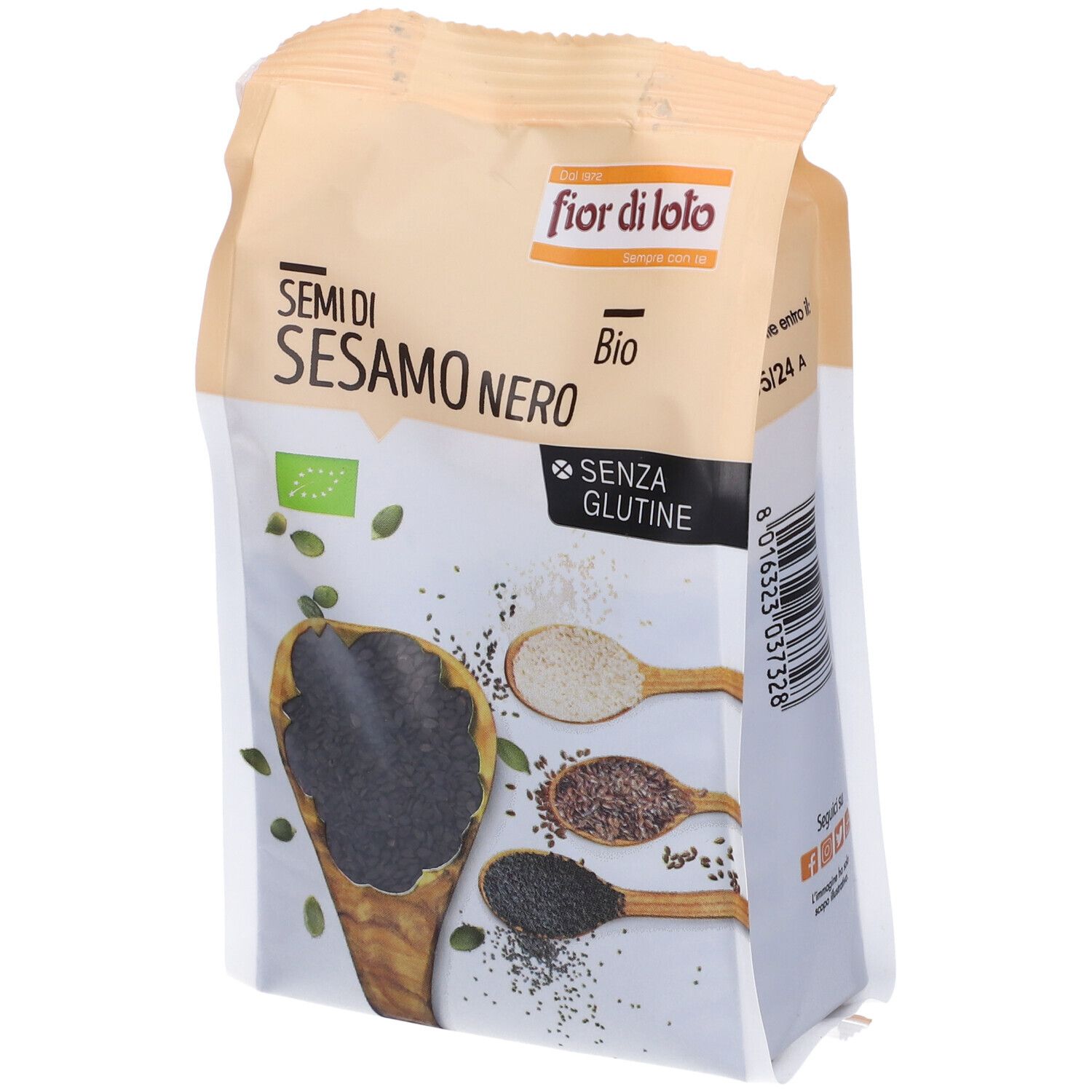 Confezione di semi di sesamo nero. Scritta: Semi di Sesamo Nero Bio, senza glutine. Con marchio bio.