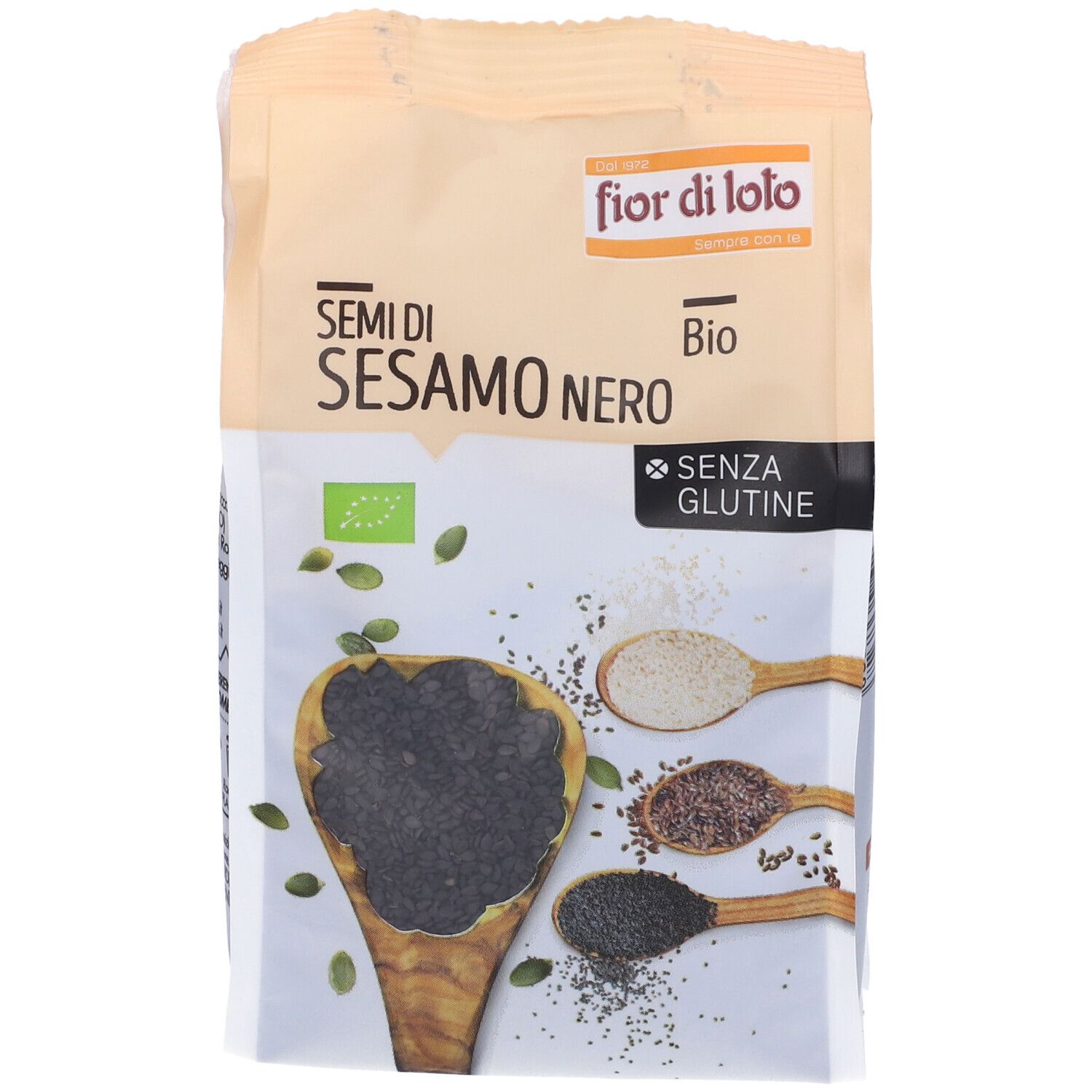 Confezione di semi di sesamo nero. Scritta: Semi di Sesamo Nero Bio, senza glutine. Con marchio bio.