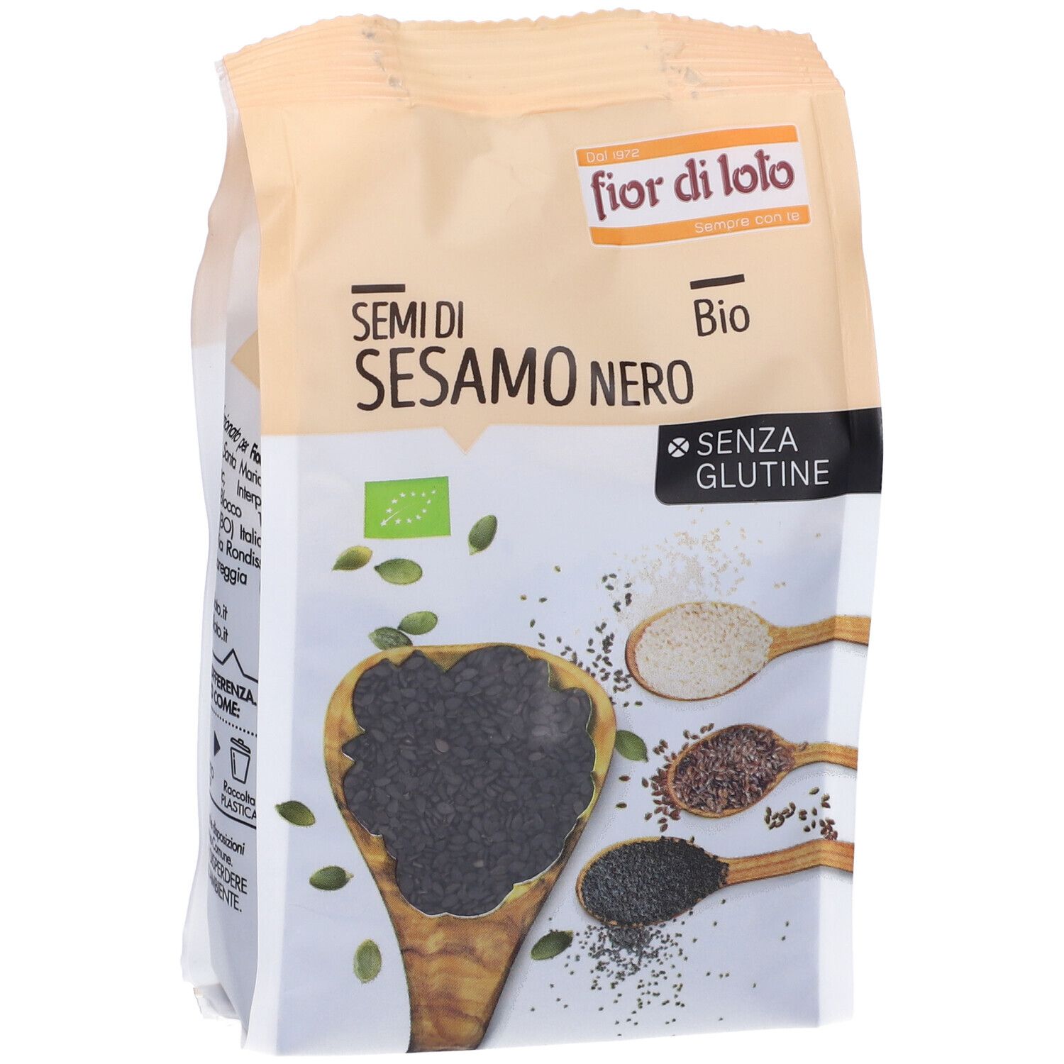 Confezione di semi di sesamo nero. Scritta: Semi di Sesamo Nero Bio, senza glutine. Con marchio bio.