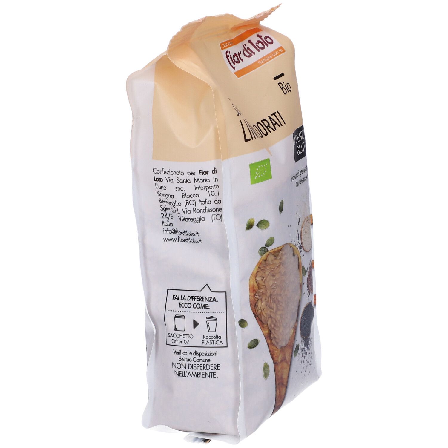 Retro di confezione di semi di lino. Testo: Fior di Loto, Bio, Senza Glutine. Informazioni sulla produzione e valori nutrizionali.