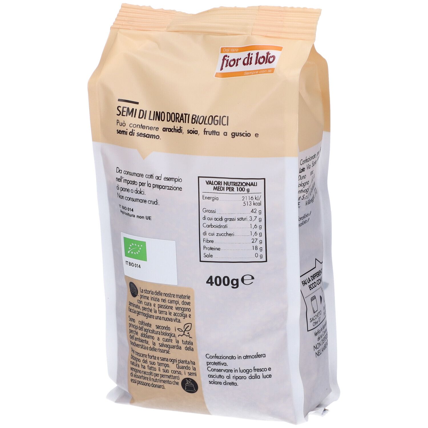 Retro di confezione di semi di lino. Testo: Fior di Loto, Semi di Lino Dorati biologici, valori nutrizionali, 400g.