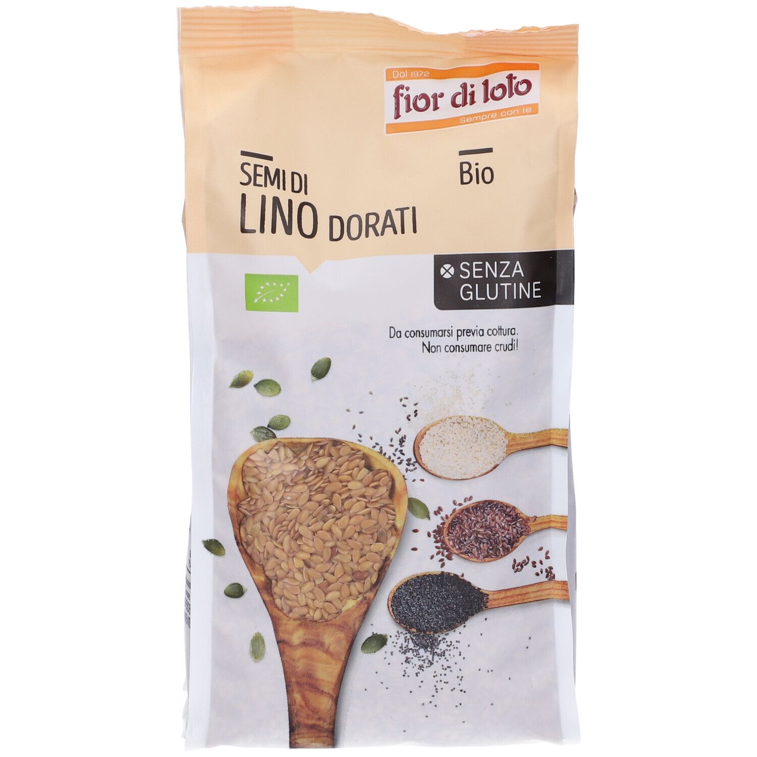 Confezione di semi di lino. Scritte: Fior di Loto, Semi di Lino Dorati, Bio, Senza Glutine. Immagine di semi.