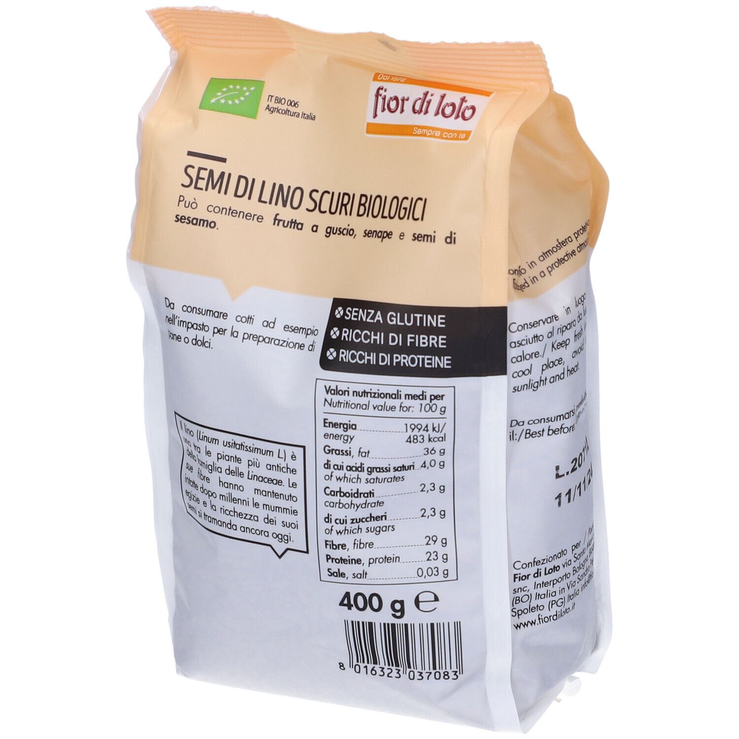 Retro della confezione di semi. Scritta: Semi Di Lino Scuri Biologici. Senza glutine, ricco di fibre. Informazioni nutrizionali. 400g.