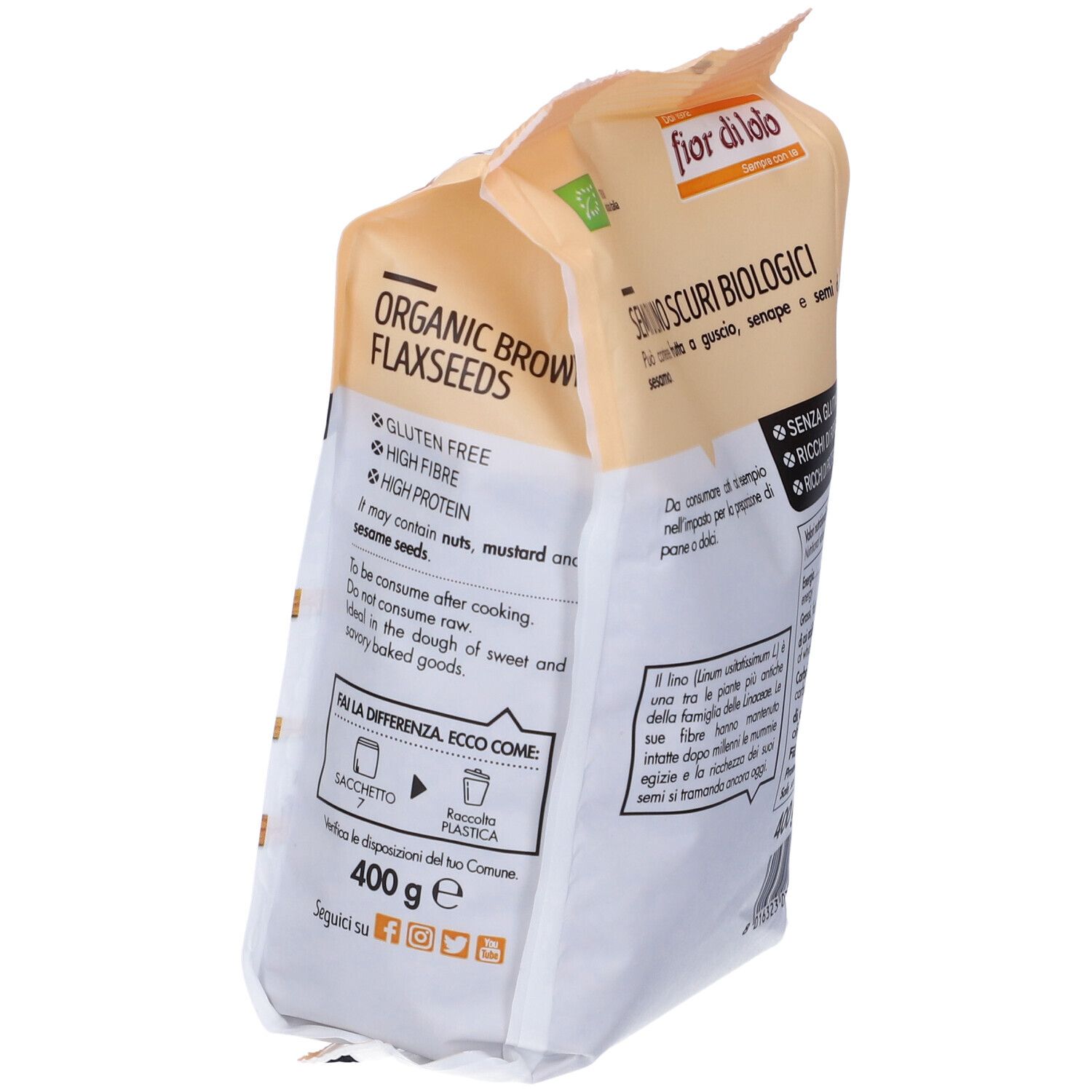Retro della confezione di semi. Scritta: Organic Brown Flaxseeds. Senza glutine, ricco di fibre. 400g. Simbolo di riciclaggio.