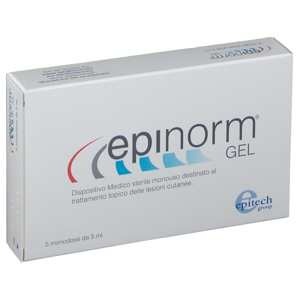 Scatola bianca con logo rosso e blu. Scritta: Epinorm Gel. 5 monodose da 5 ml. Logo del produttore.