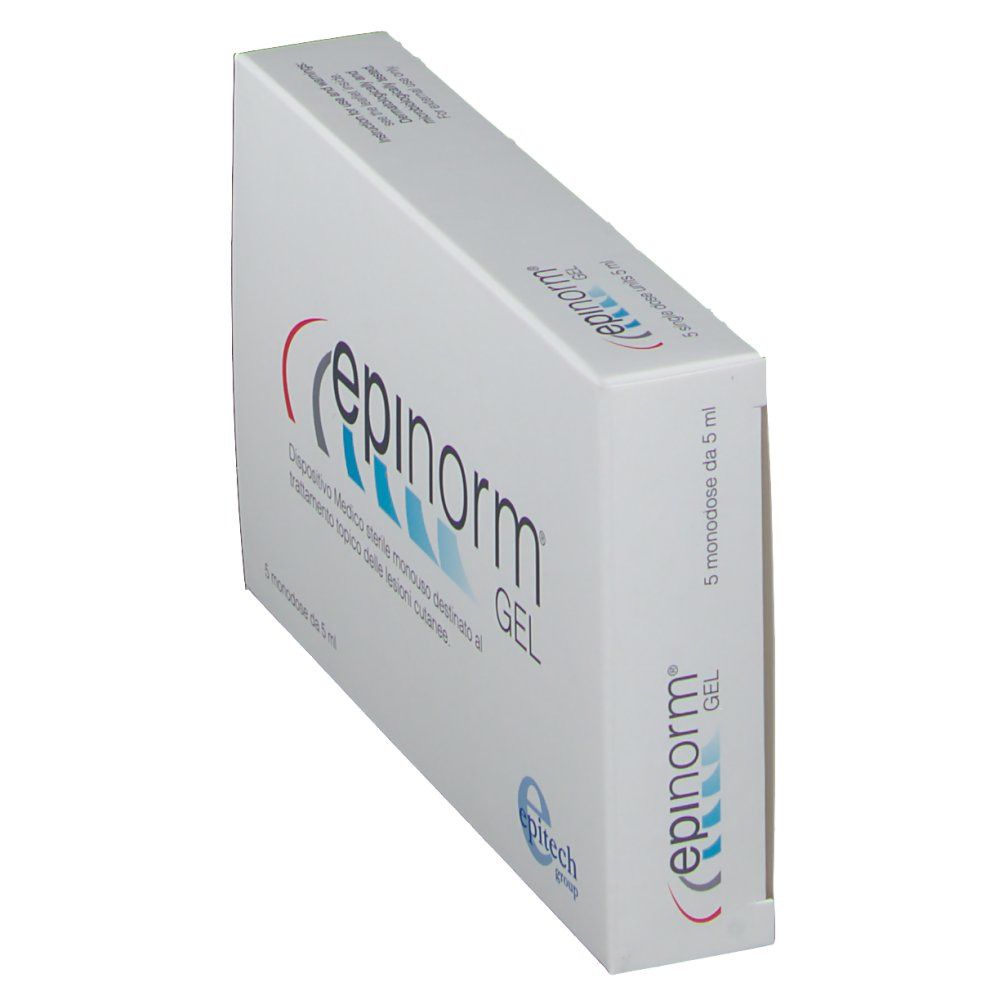 Scatola Epinorm Gel, vista laterale obliqua. Bianca con logo rosso e blu. 5 monodose. Logo del produttore.