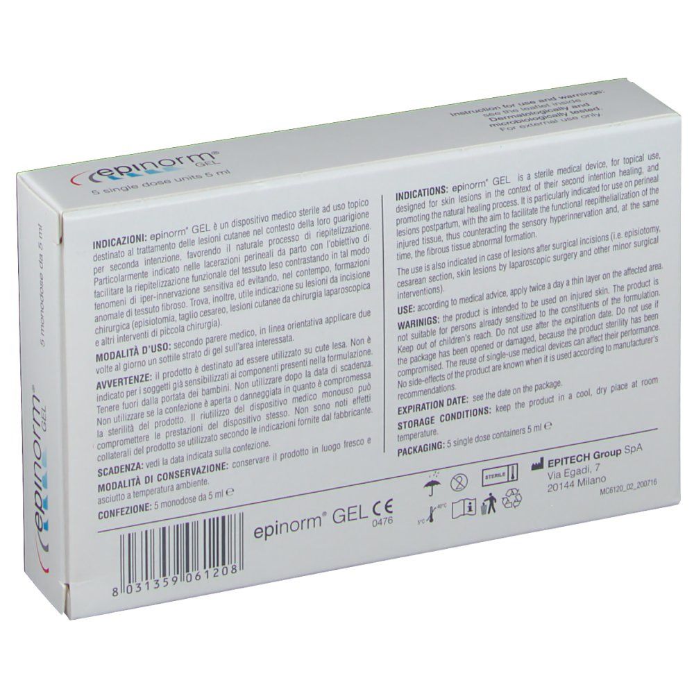 Retro della scatola Epinorm Gel. Testo multilingue. Informazioni e loghi del produttore.