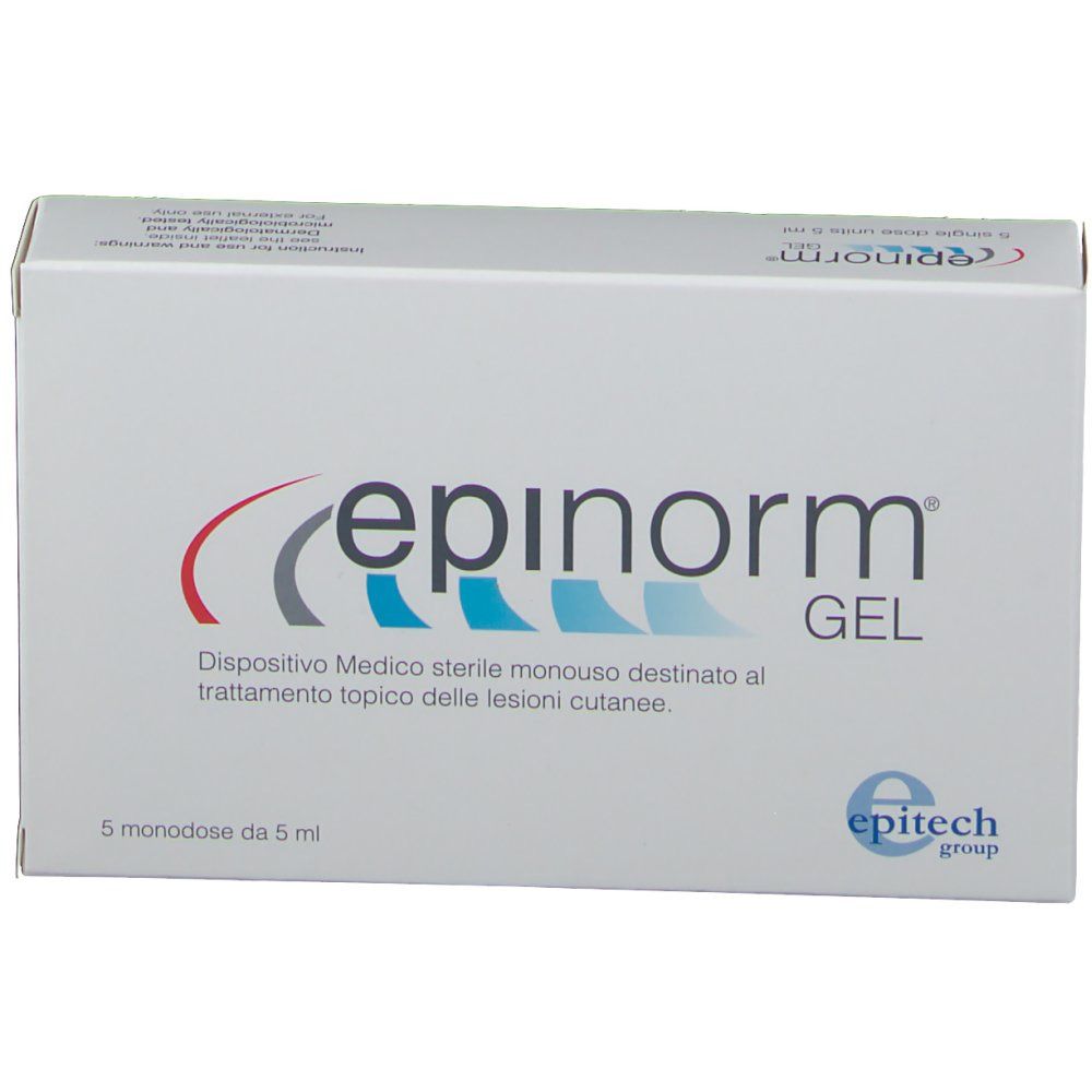 Scatola bianca con logo rosso e blu. Scritta: Epinorm Gel. 5 monodose da 5 ml. Logo del produttore.