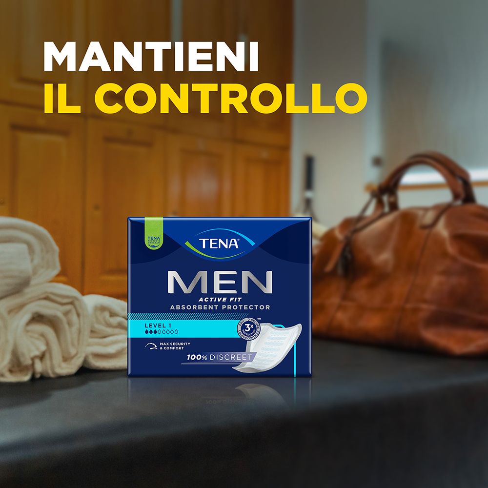 Produktverpackung auf einer Oberfläche. Text: MANTIENI IL CONTROLLO. TENA MEN Active Fit, Level 1.
